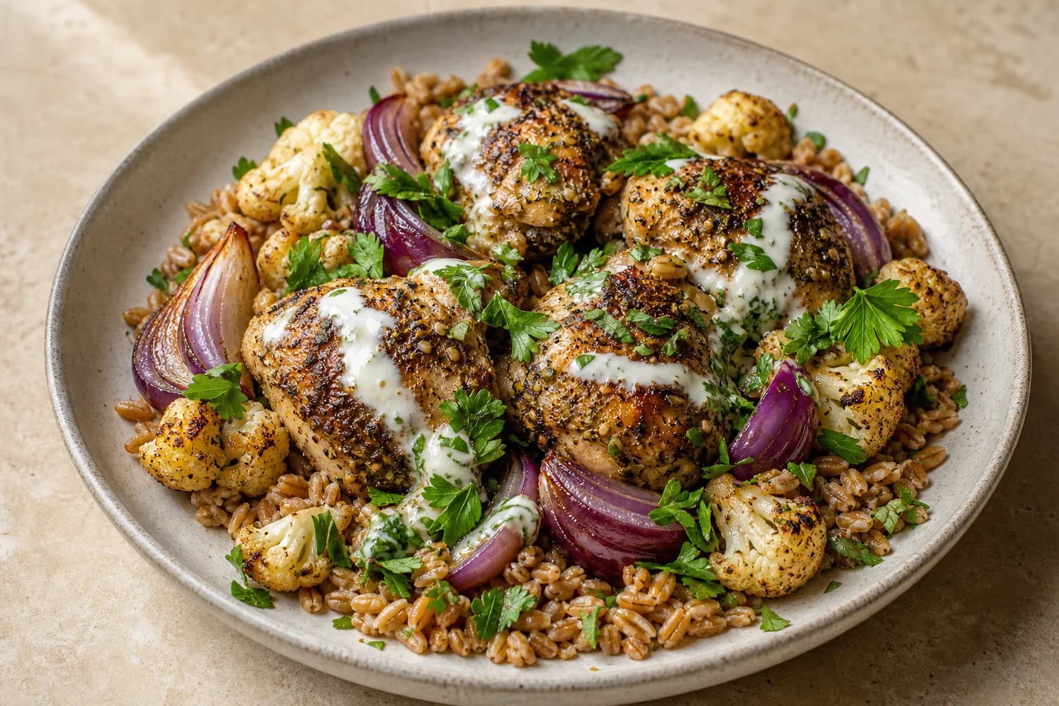 Bowl of za’atar-seasoned roasted chicken thighs on a bed of pearled farro with roasted cauliflower florets and red onion wedges, drizzled with yogurt sauce and garnished with fresh parsley.