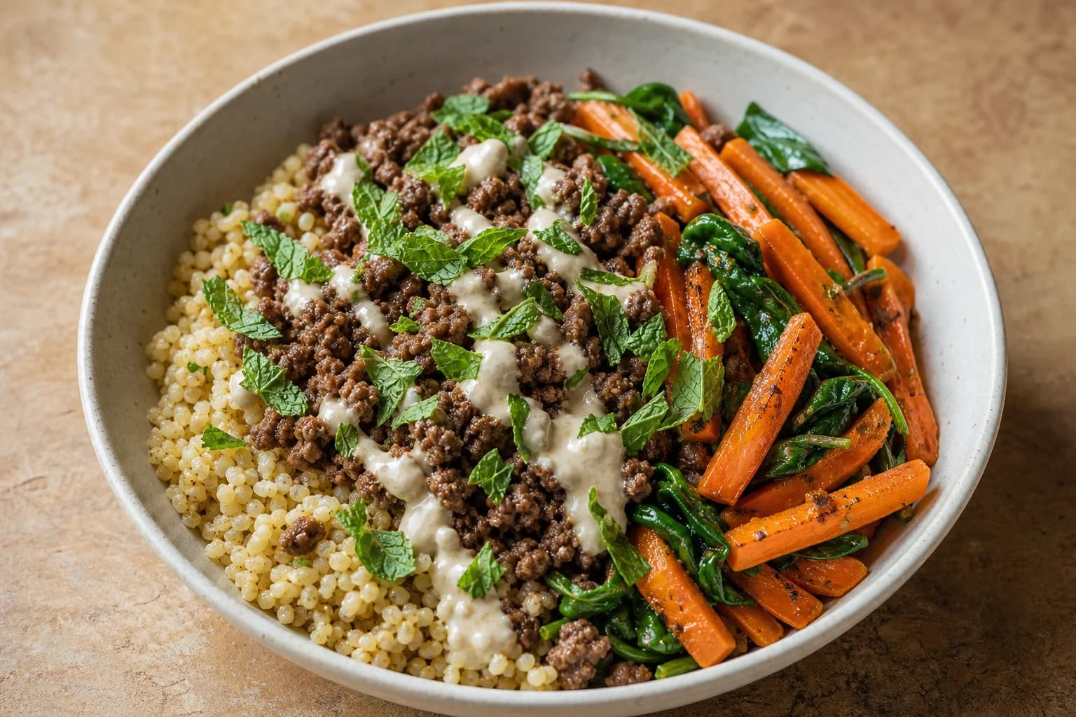 Single bowl with a bed of cooked bulgur-like grains, a central portion of sumac-spiced ground beef drizzled with tahini and scattered mint leaves, and roasted carrot batons with wilted spinach on the side.