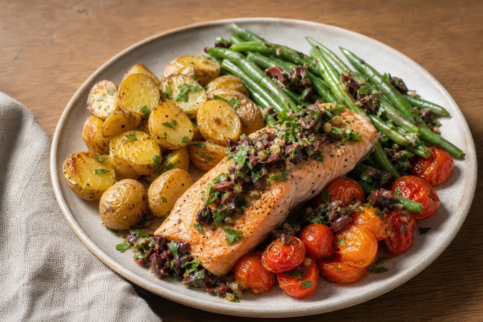 Roasted salmon fillet topped with chopped Kalamata olive relish, served with roasted halved baby potatoes, blistered cherry tomatoes and green beans, finished with chopped parsley on a plate.