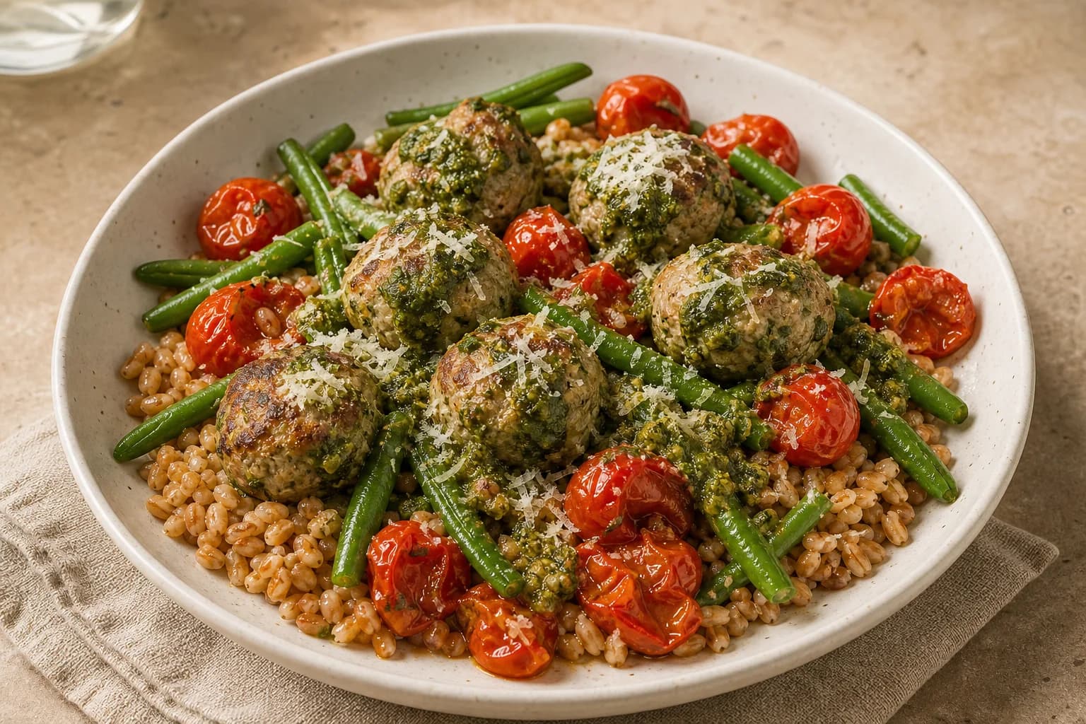 Bowl of pearled farro topped with browned basil turkey meatballs, blistered cherry tomatoes, green beans, dollops of pesto and a sprinkle of grated Parmesan, photographed in warm natural light.