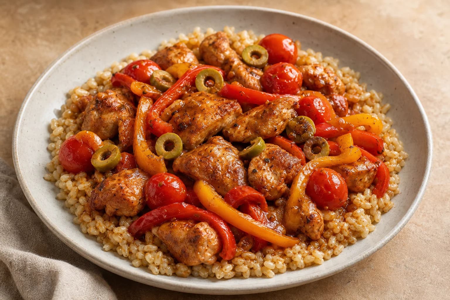 Shallow speckled plate with a single serving of smoky paprika chicken and peppers: browned chicken pieces and red and yellow bell pepper strips, cherry tomatoes and sliced green olives in a glossy paprika sauce, served on a bed of short-grain brown rice on a warm surface in natural light.