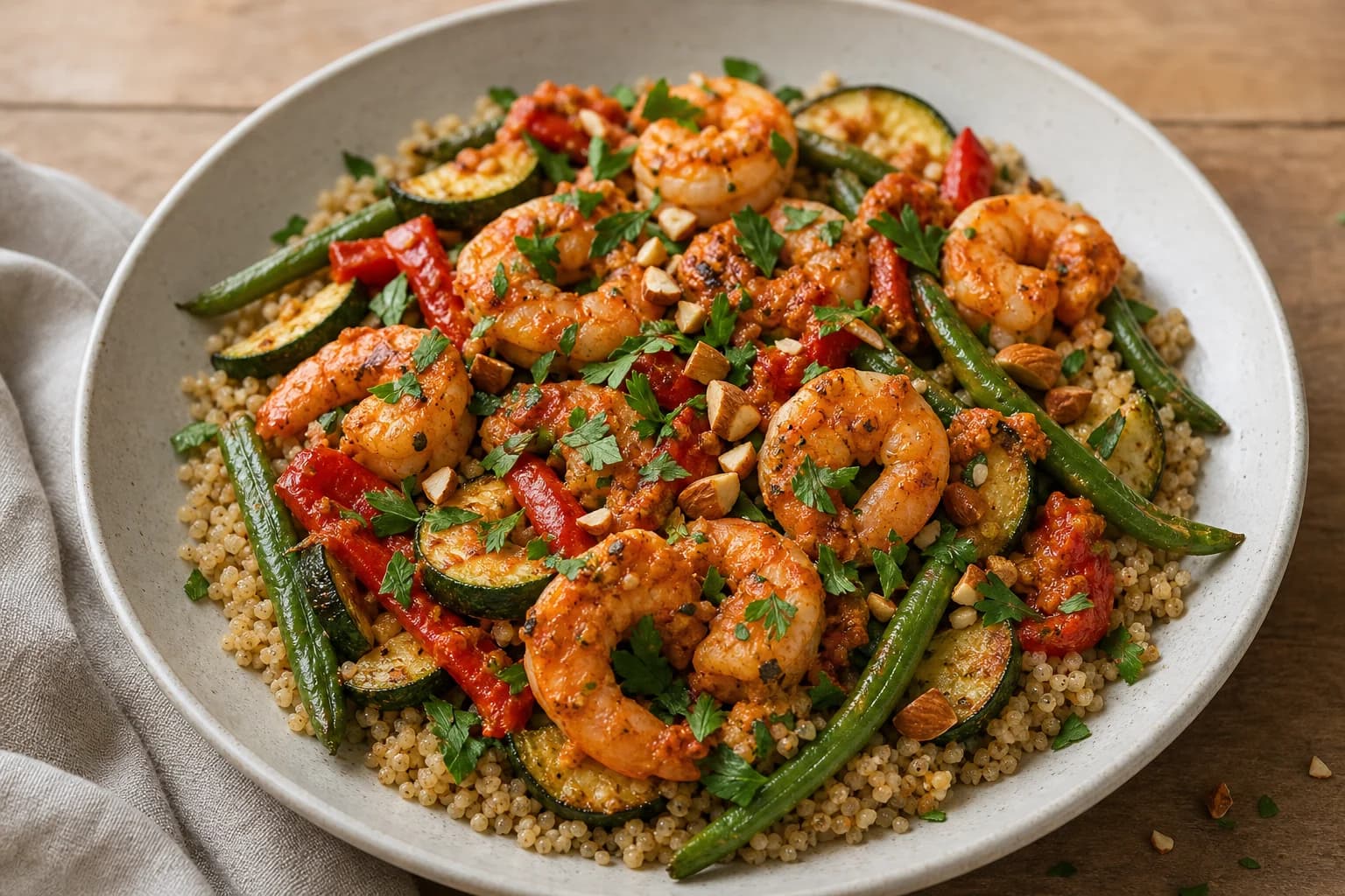 Three-quarter view of a bowl with romesco-coated shrimp on whole-wheat couscous, roasted zucchini half-moons, green beans, roasted red peppers, chopped toasted almonds and parsley.