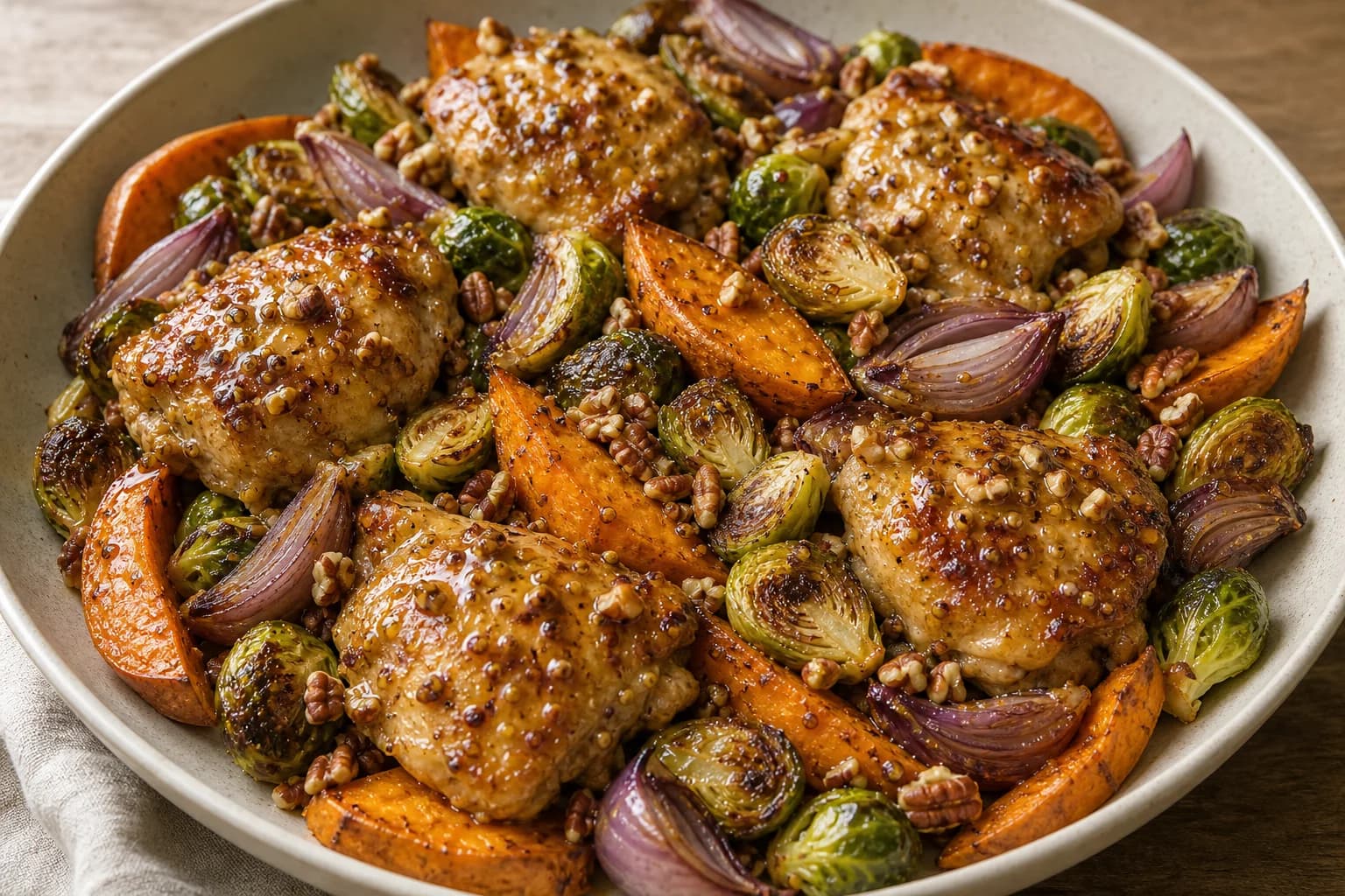 A large shallow bowl with roasted maple-mustard glazed chicken thighs nestled on a bed of caramelized Brussels sprouts, sweet potato wedges and red onion wedges, sprinkled with chopped toasted pecans and a glossy grainy mustard glaze.