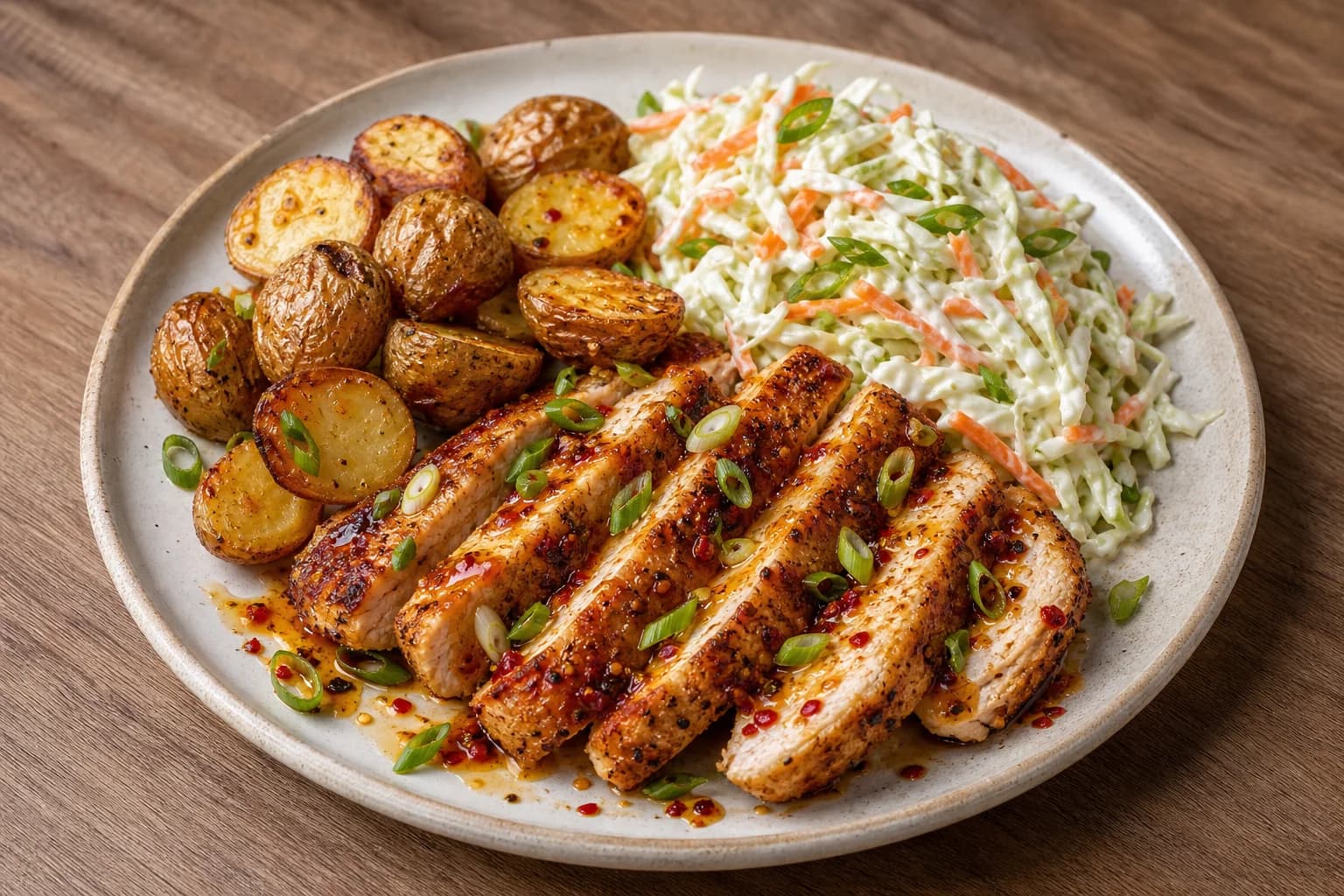 Plate with sliced hot-honey glazed chicken breast, roasted halved baby potatoes, and creamy shredded cabbage-and-carrot ranch slaw, garnished with sliced scallions and chili flakes.