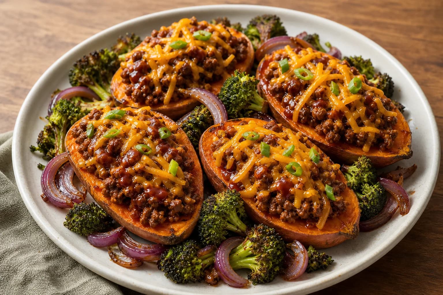 White plate of roasted sweet potato halves stuffed with BBQ-seasoned ground beef and melted cheddar, garnished with sliced scallions and surrounded by roasted broccoli florets and red onion on a wooden surface.