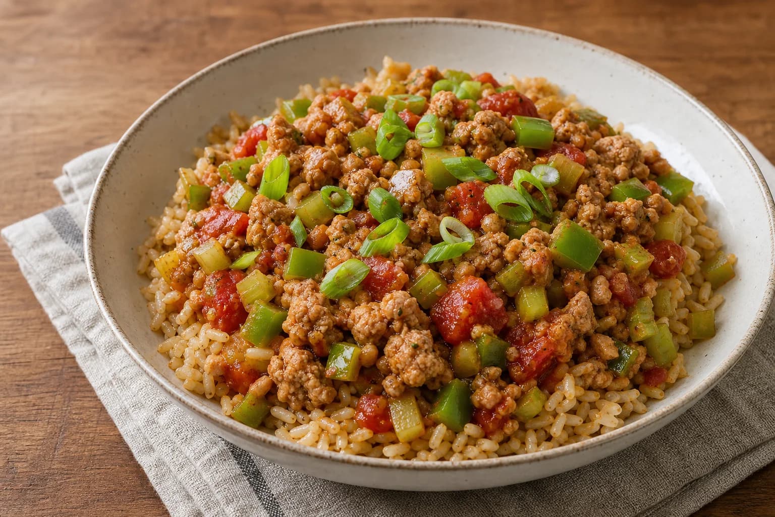 Bowl of brown rice topped with Creole-style ground turkey mixed with diced green bell pepper, celery, tomato chunks and sliced scallions on a wooden surface.