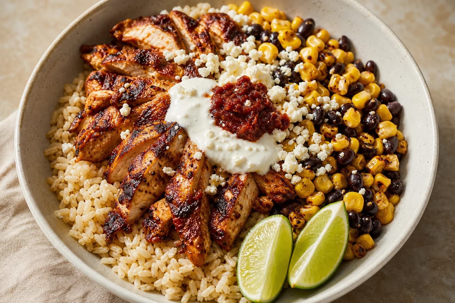 Cookbook-style bowl of chipotle-glazed sliced chicken over brown rice with charred corn and black beans, a dollop of white yogurt sauce topped with red chipotle, crumbled cotija, and lime wedges.