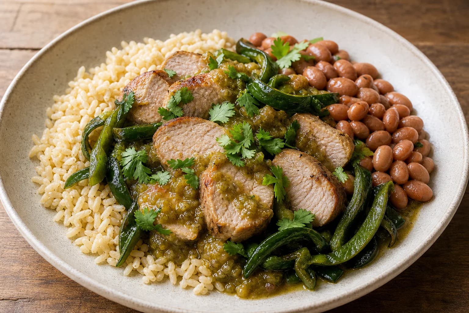Shallow off-white bowl with sliced pork medallions topped in green salsa and cilantro, sautéed poblano strips, a mound of brown rice, and a serving of pinto beans on a wooden surface