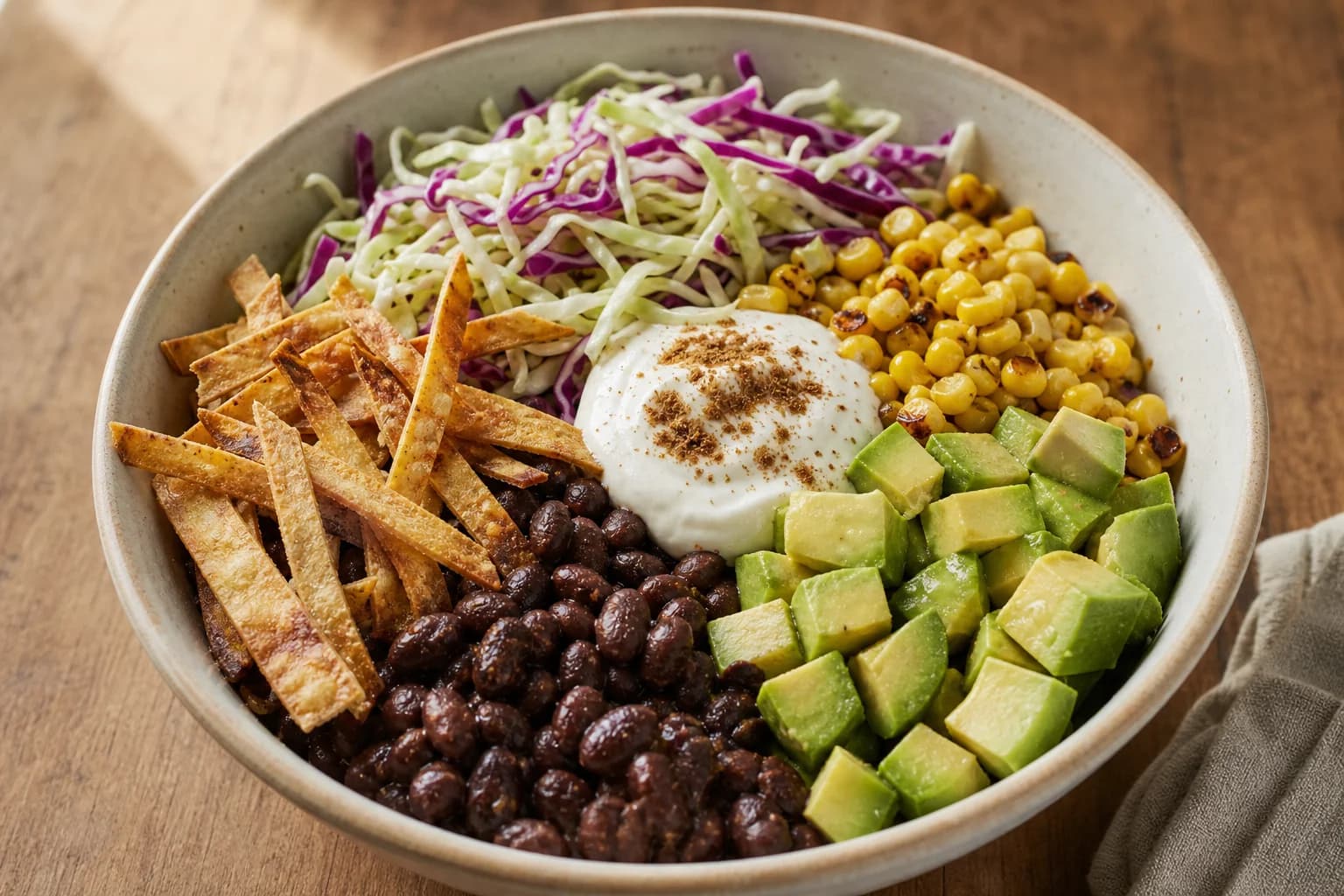 Single bowl of crispy black bean tostada bowl with black beans, crispy tortilla strips, shredded green and purple cabbage, grilled corn, a dollop of yogurt sprinkled with cumin, and diced avocado, on a wooden surface.