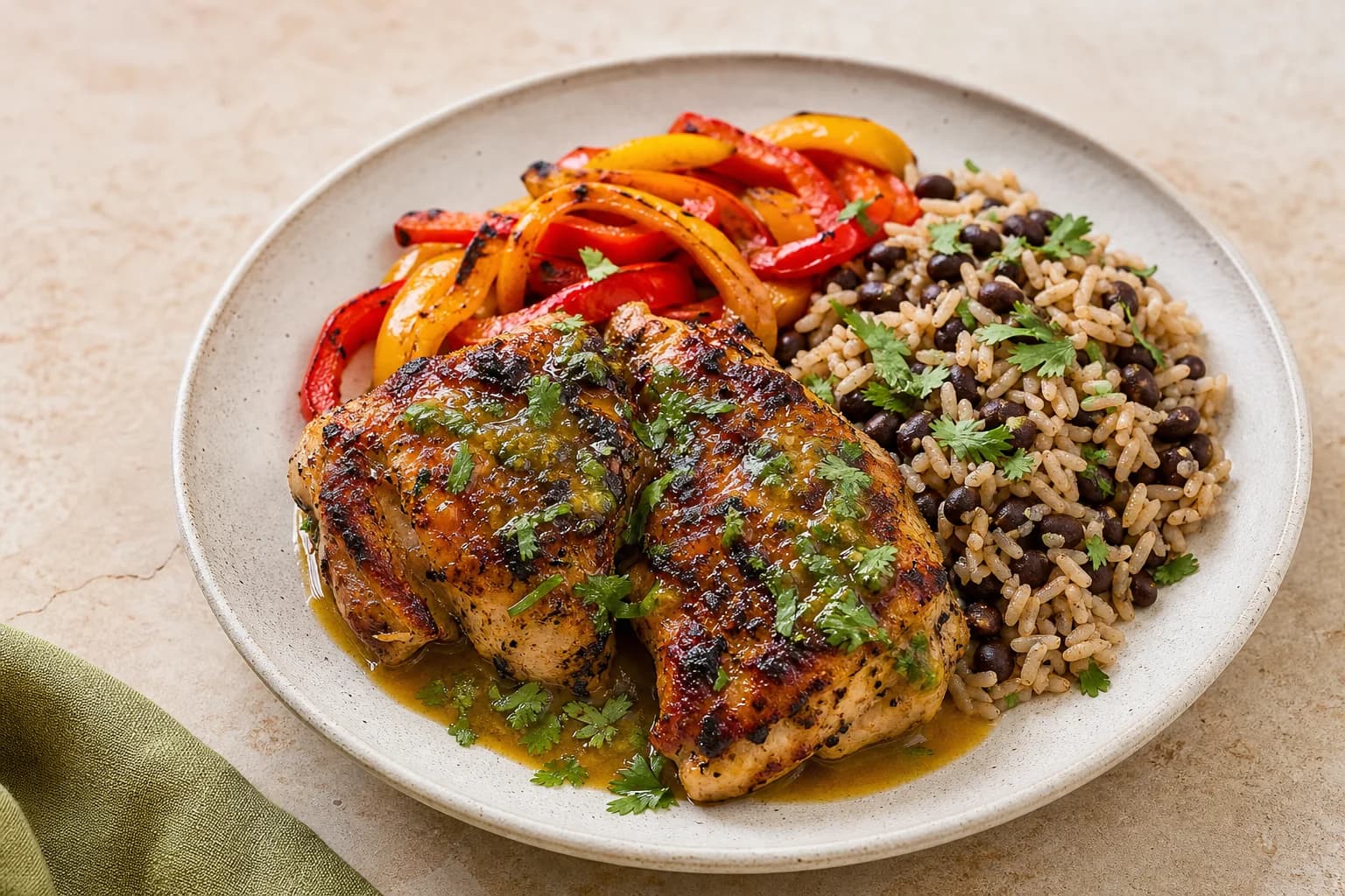 Plate with charred mojo chicken glazed with citrus-herb sauce, a mound of brown rice mixed with black beans, and sliced charred red and yellow bell peppers, garnished with cilantro on a neutral surface.