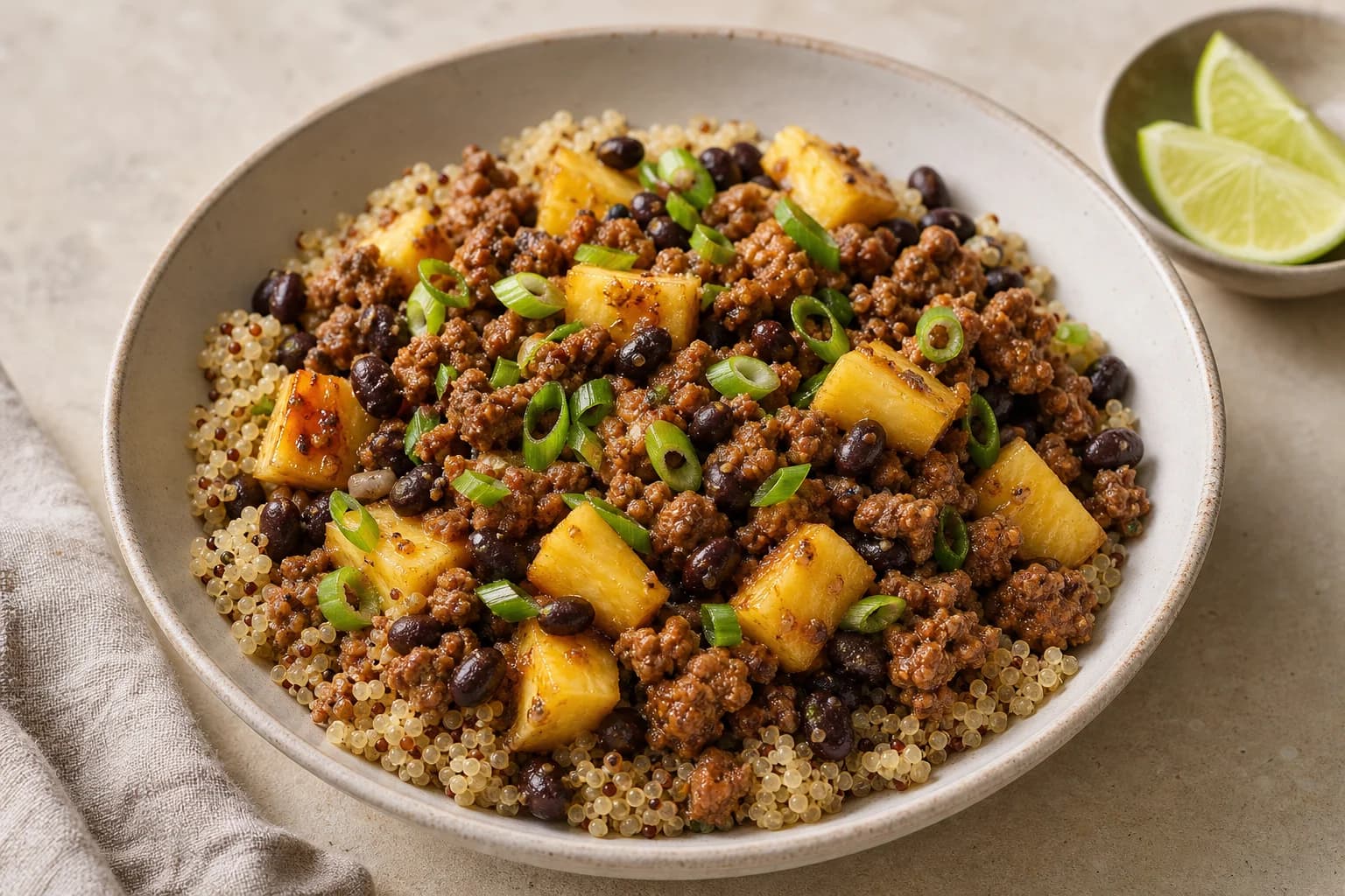 Single bowl of quinoa topped with spiced ground turkey, pineapple chunks, black beans and sliced scallions, with lime wedges on the side.
