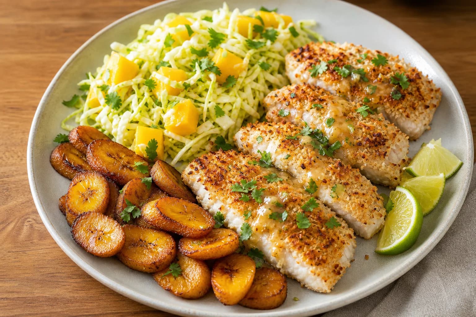 Plate with four coconut-crusted tilapia fillets drizzled with sauce, a heap of shredded cabbage mixed with diced mango, roasted plantain slices, lime wedges and scattered cilantro on a light round plate over a wooden surface