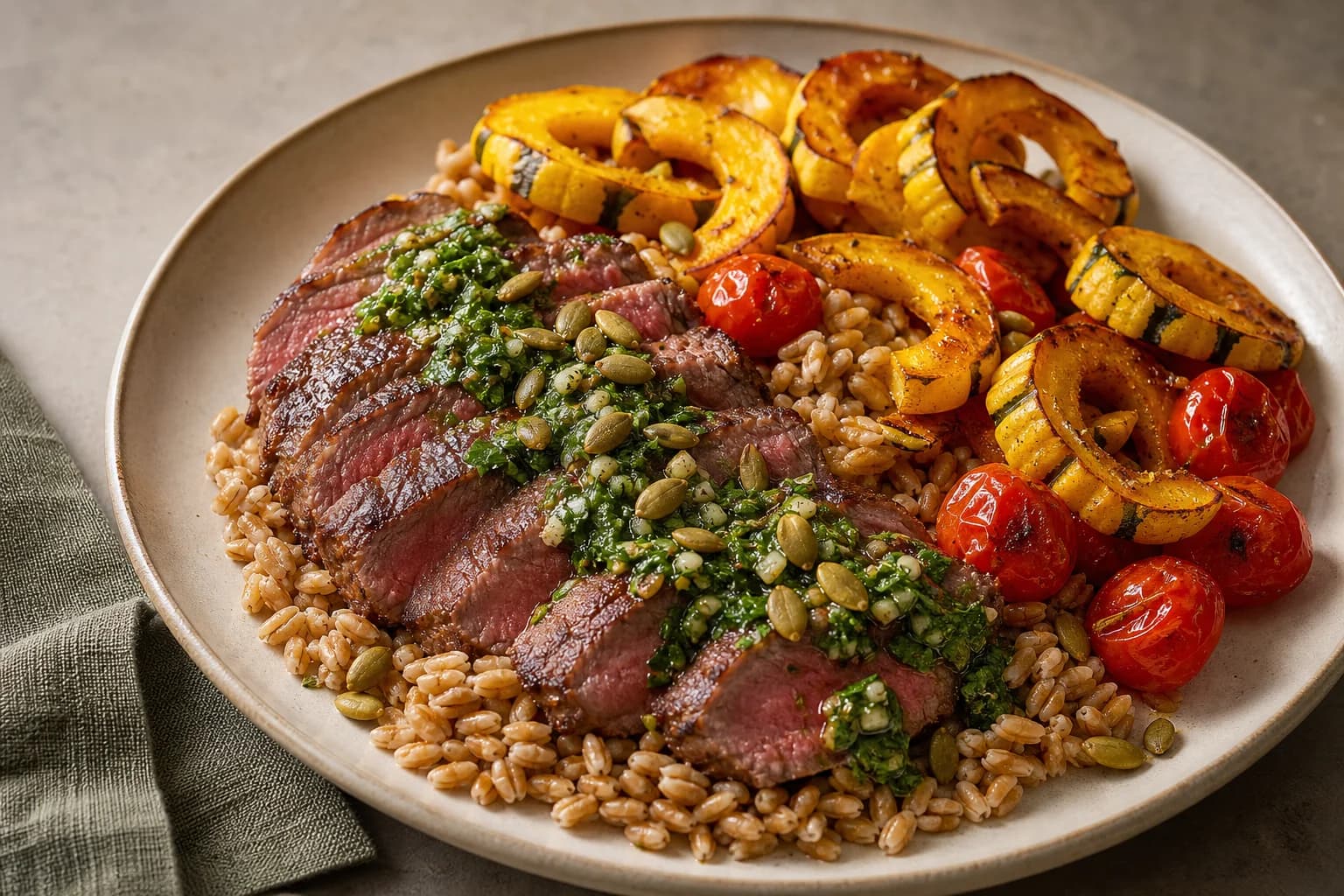 Sliced seared steak with green chimichurri and toasted pumpkin seeds on a bed of pearled farro, accompanied by roasted delicata squash rings and blistered cherry tomatoes on a ceramic plate.