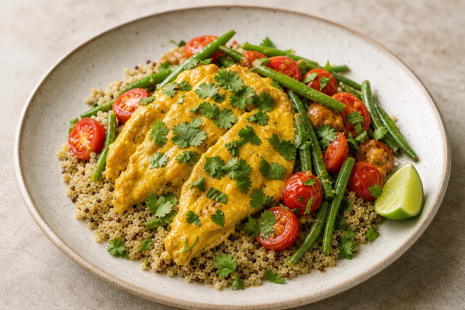 A single serving of Aji amarillo chicken: three golden, sauced chicken cutlets on a bed of quinoa, surrounded by crisp green beans and halved cherry tomatoes, finished with cilantro leaves and a lime wedge on a shallow white plate.