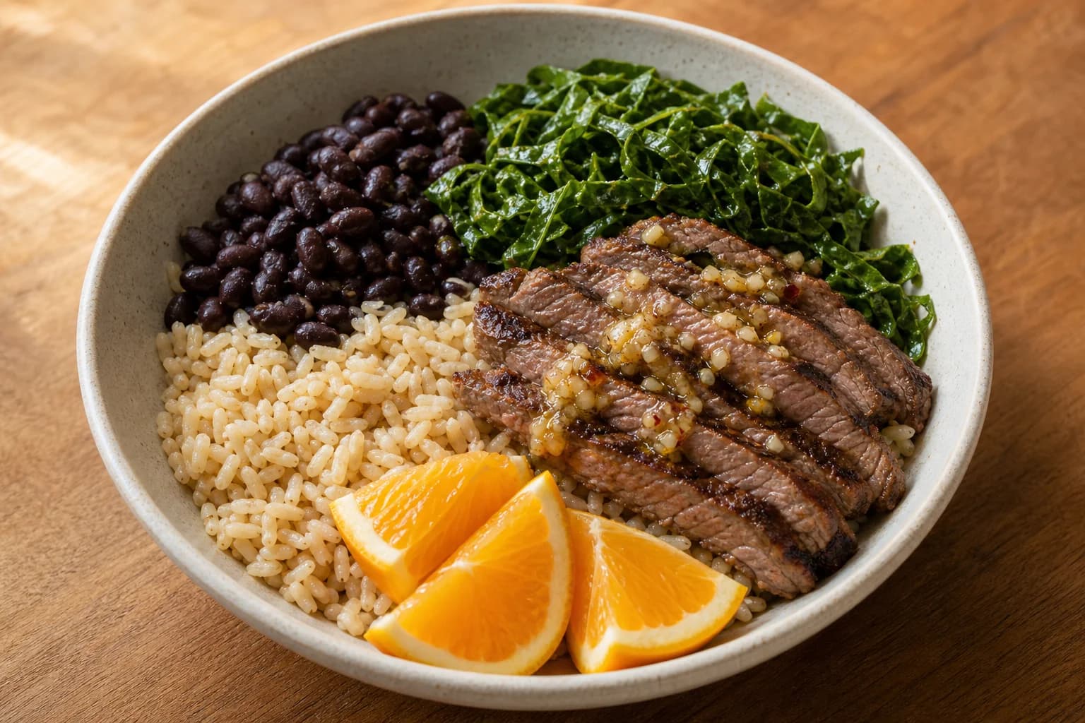 Single bowl of Brazilian-style beef and collard bowl: sliced grilled beef topped with a garlicky sauce, brown rice, black beans, sautéed thinly sliced collards, and three orange wedges, photographed in natural light on a wooden surface.