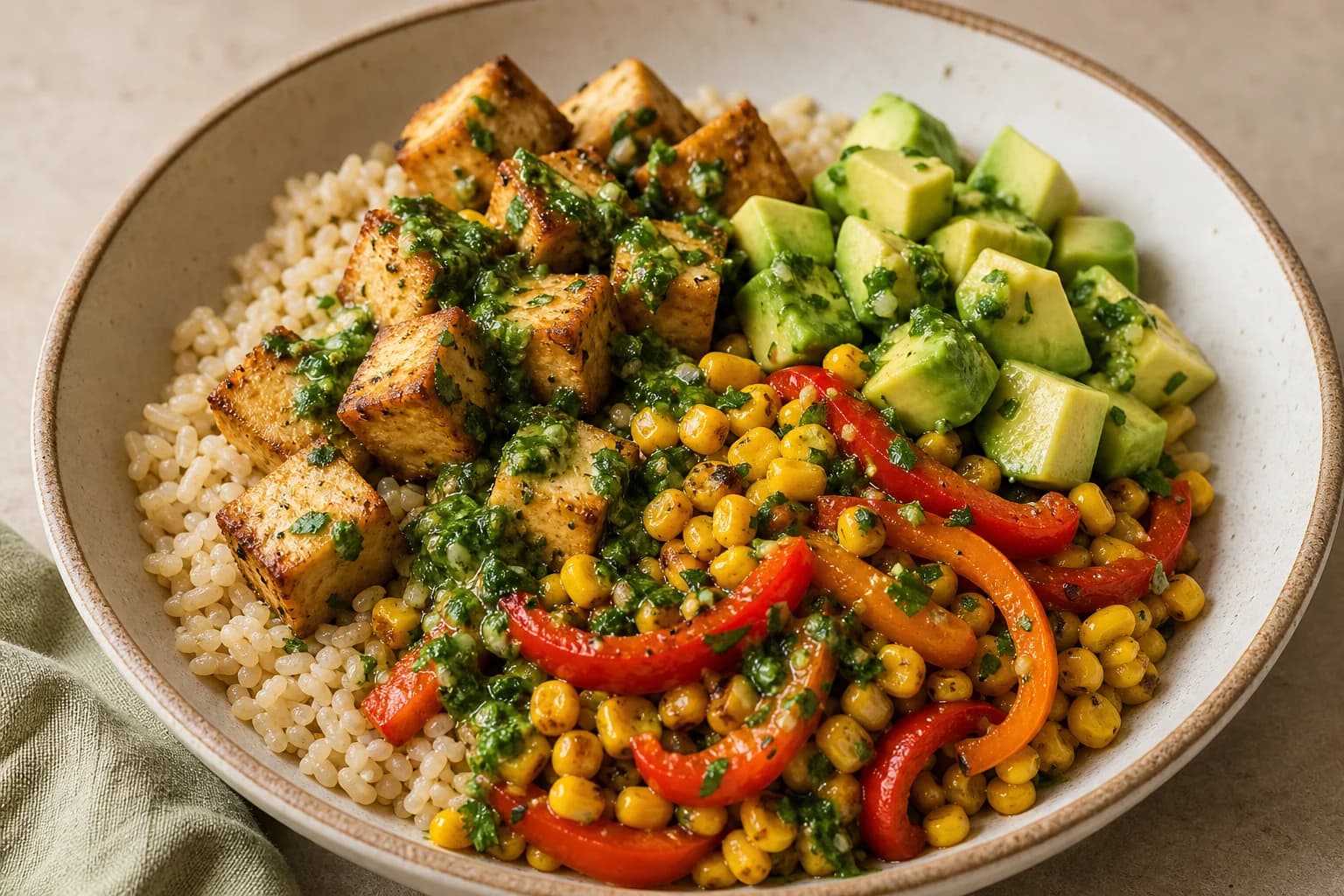 Single bowl of cilantro-lime tofu with brown rice, crisp cubed tofu, roasted corn and sliced red peppers, diced avocado, and a green cilantro-lime sauce drizzled on top.
