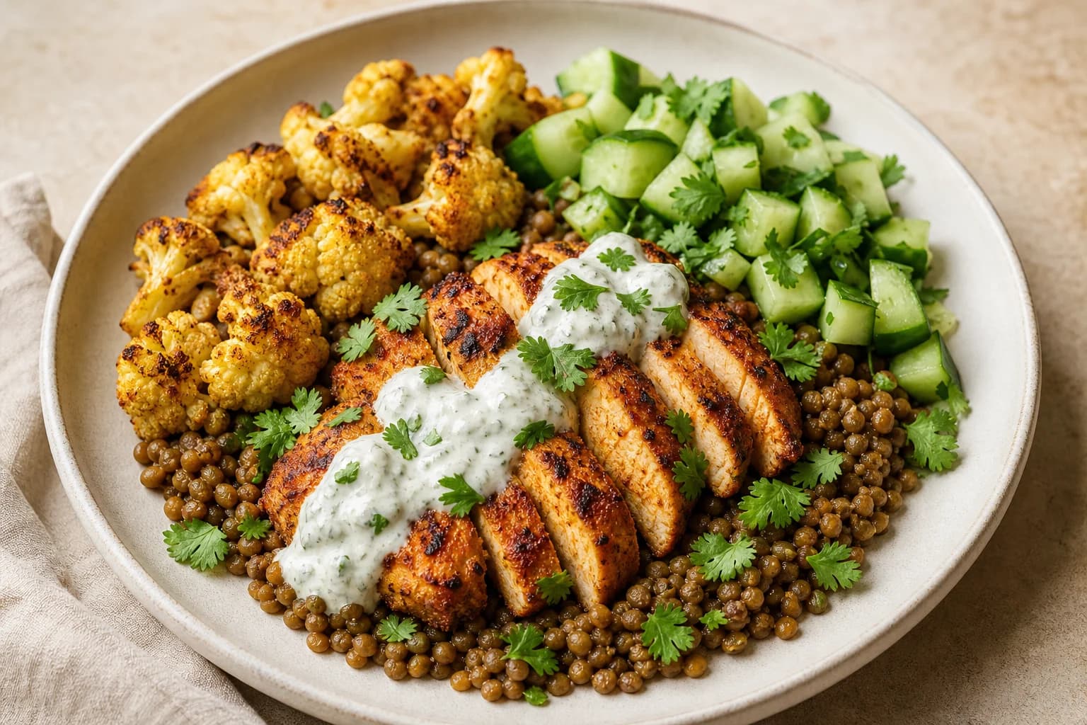Shallow bowl with sliced tandoori-spiced chicken thighs draped with a herbed yogurt sauce, sitting on a bed of brown lentils, served with roasted cauliflower florets and diced cucumber, finished with cilantro leaves.