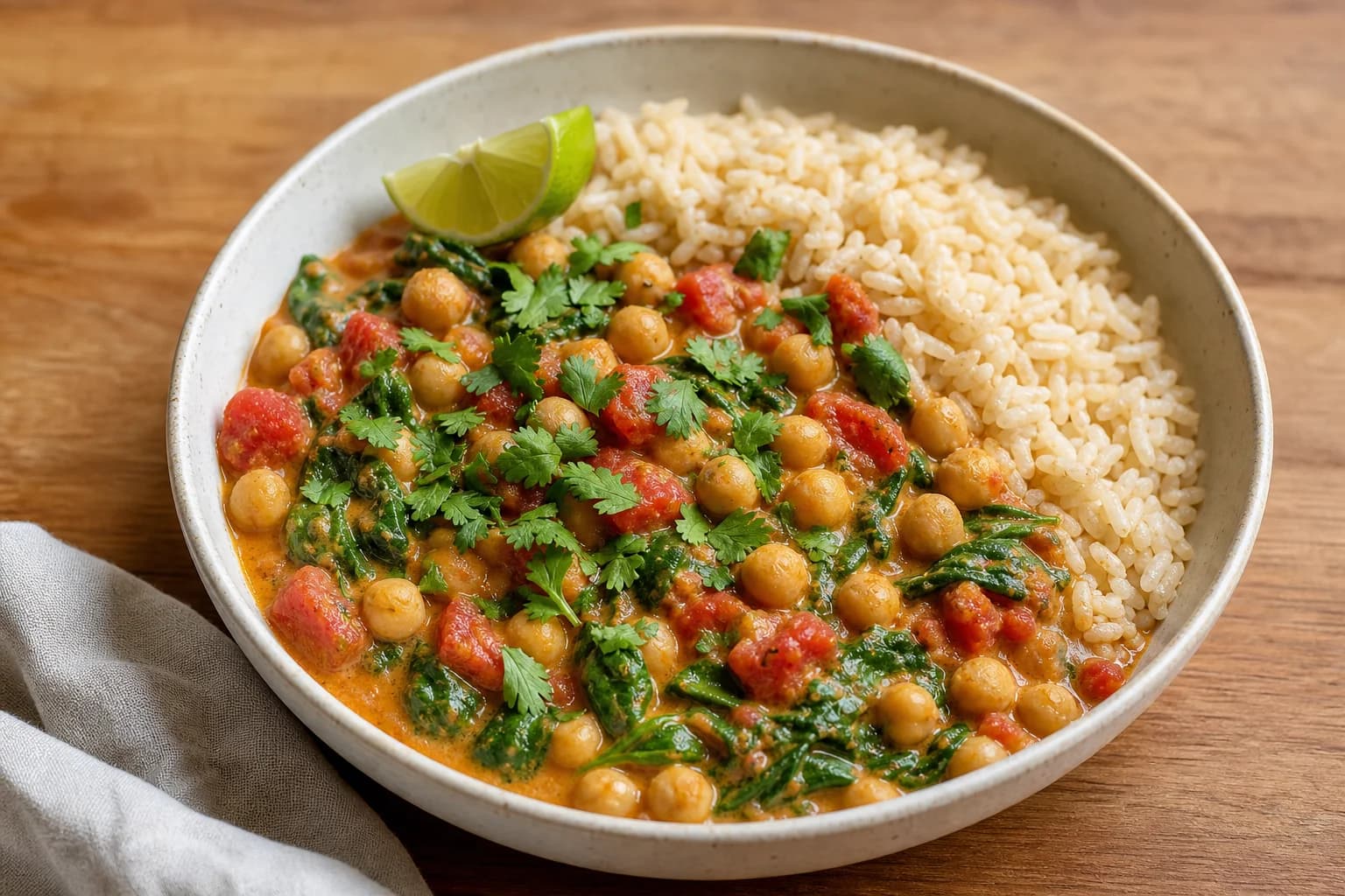 Bowl of coconut-tomato chickpea curry with chickpeas, diced tomatoes, and spinach in a creamy sauce, topped with fresh cilantro and a lime wedge, served alongside brown basmati rice on a wooden surface.