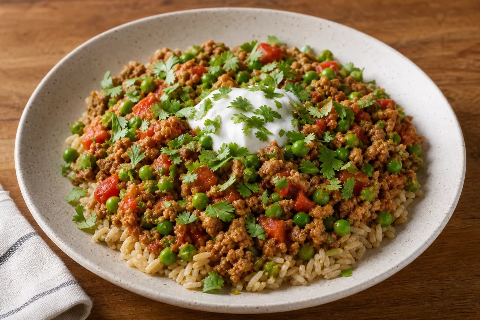 Bowl of brown basmati rice topped with ginger turkey keema with peas and diced tomatoes, a central dollop of yogurt and sprinkled cilantro on a wooden surface.