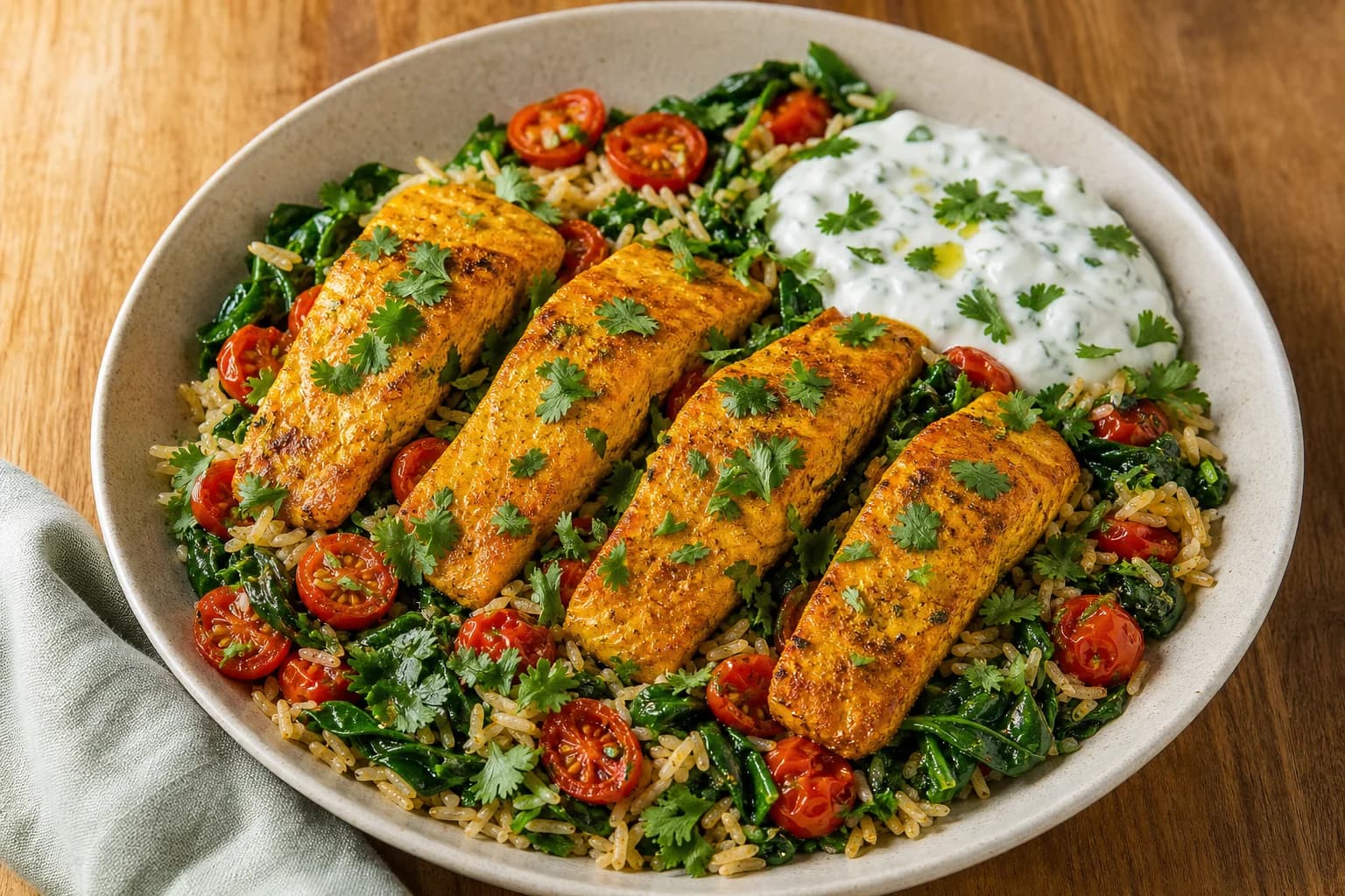 Four turmeric-coated salmon fillets on a bed of brown basmati rice with spinach and halved cherry tomatoes, finished with a dollop of lemon-yogurt sauce and scattered cilantro on a shallow ceramic plate.