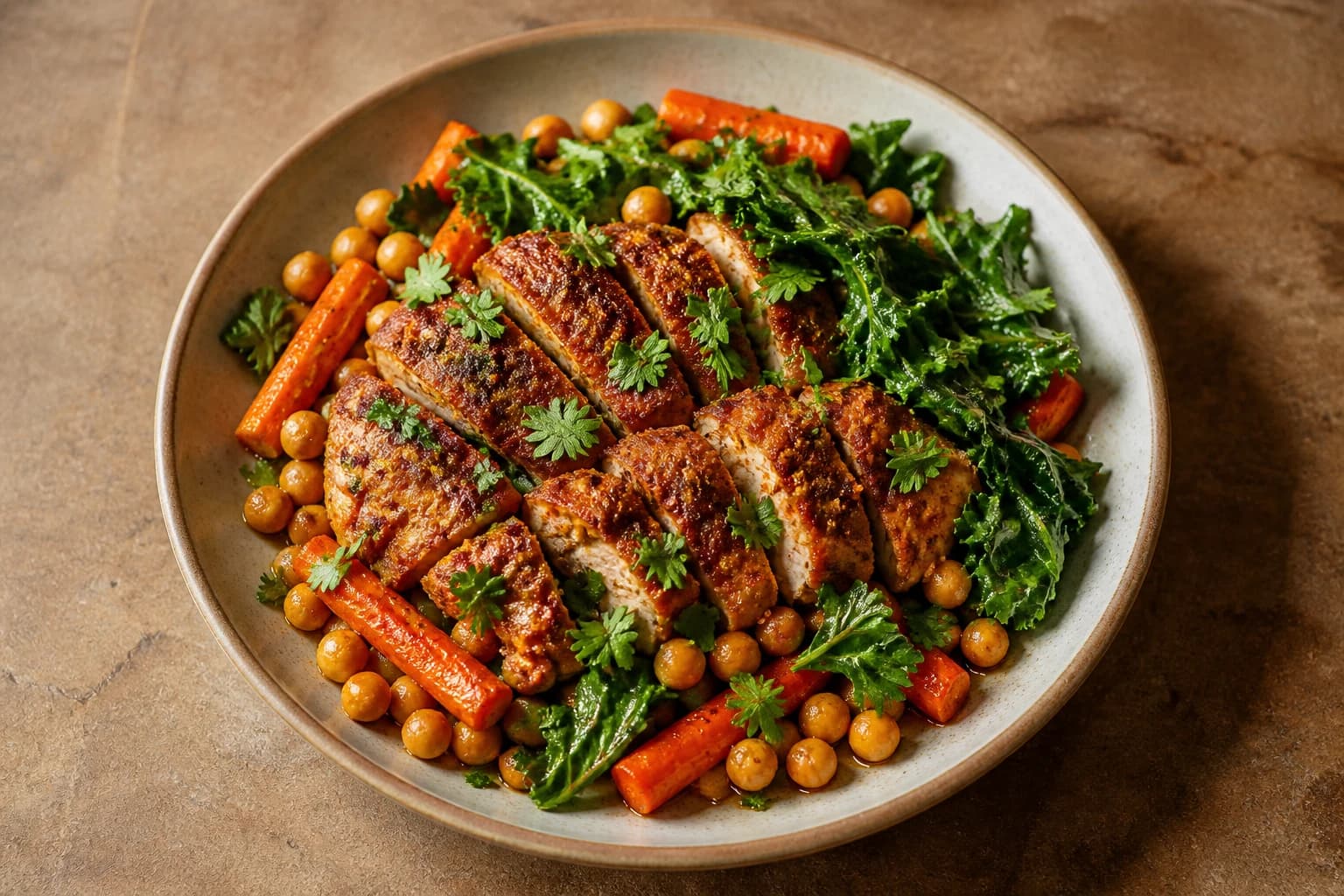 Berbere-spiced chicken with chickpeas, carrots, greens, rice, lemon, and parsley.