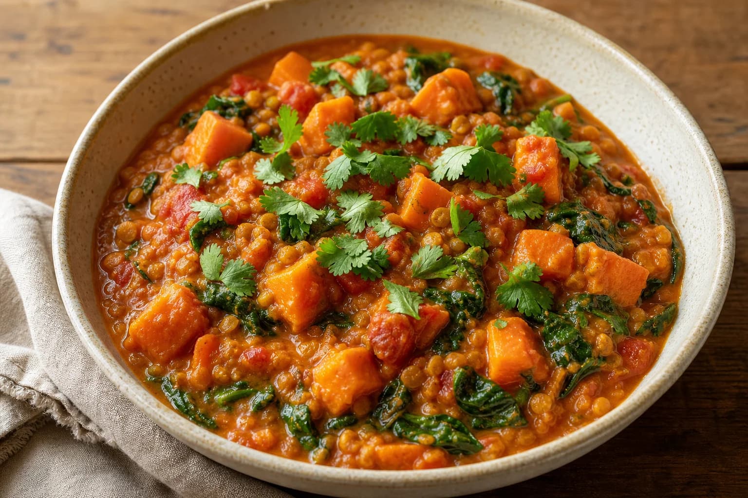 Bowl of peanut sweet potato lentil stew: orange sweet potato cubes, softened red lentils and diced tomatoes in a creamy reddish-orange sauce with wilted spinach and cilantro leaves on top, shot from a three-quarter overhead view on a wooden surface.