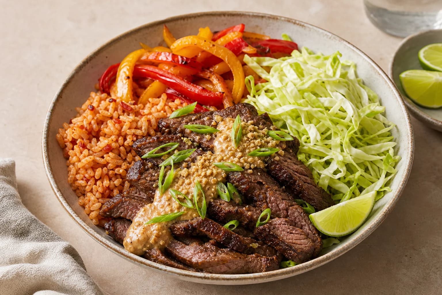 Single bowl of Suya-spiced sliced beef over tomato rice with sautéed red and yellow bell peppers, shredded cabbage, drizzled peanut sauce with crushed peanuts, scattered sliced scallions, and a lime wedge.