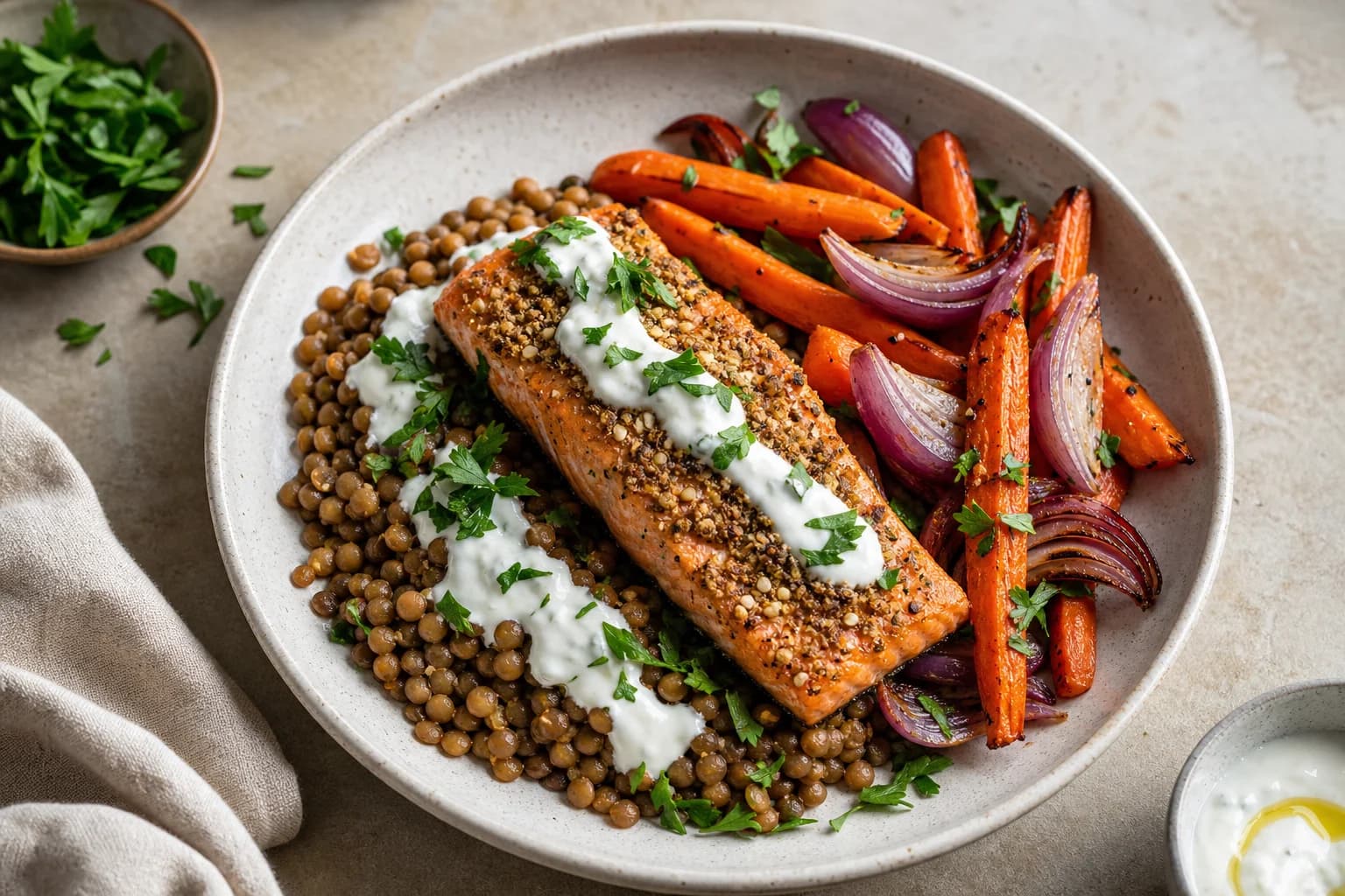 A single serving bowl with a dukkah-crusted salmon fillet resting on a bed of brown lentils, roasted carrot batons and charred red onion wedges to the side, drizzles of yogurt sauce and scattered chopped parsley; a small bowl of parsley sits at top left and a small dish of yogurt with olive oil is at bottom right.