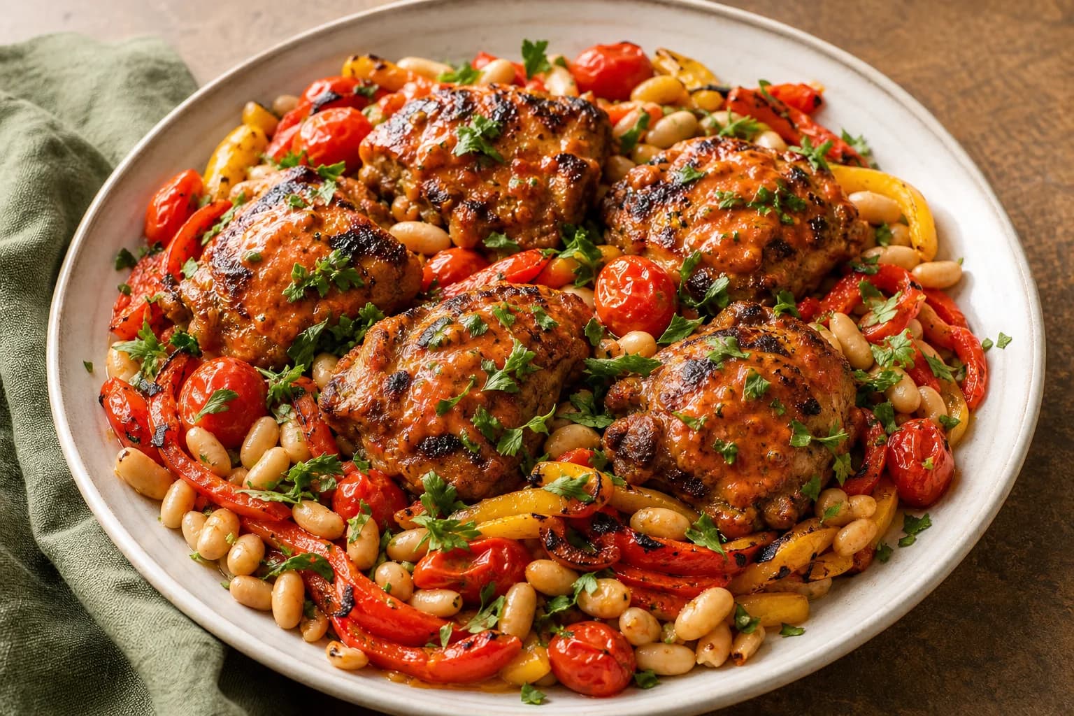 White platter with charred peri‑peri glazed chicken thighs on a warm cannellini bean salad with roasted cherry tomatoes, red and yellow bell pepper strips and chopped parsley.