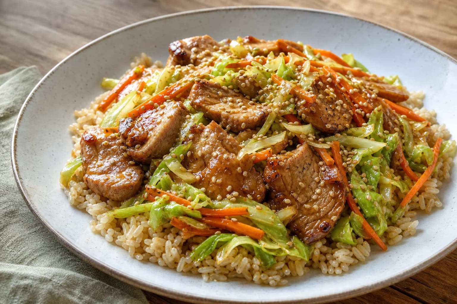 Plate of honey-garlic glazed pork slices and sesame cabbage with carrot matchsticks served over brown rice, finished with toasted sesame seeds.
