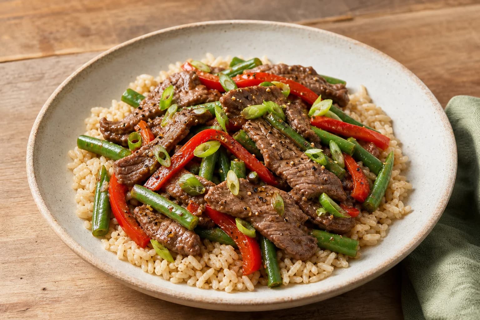 Shallow ceramic bowl of black pepper beef with green beans and red bell pepper served on brown rice, topped with sliced scallions and coarse black pepper.