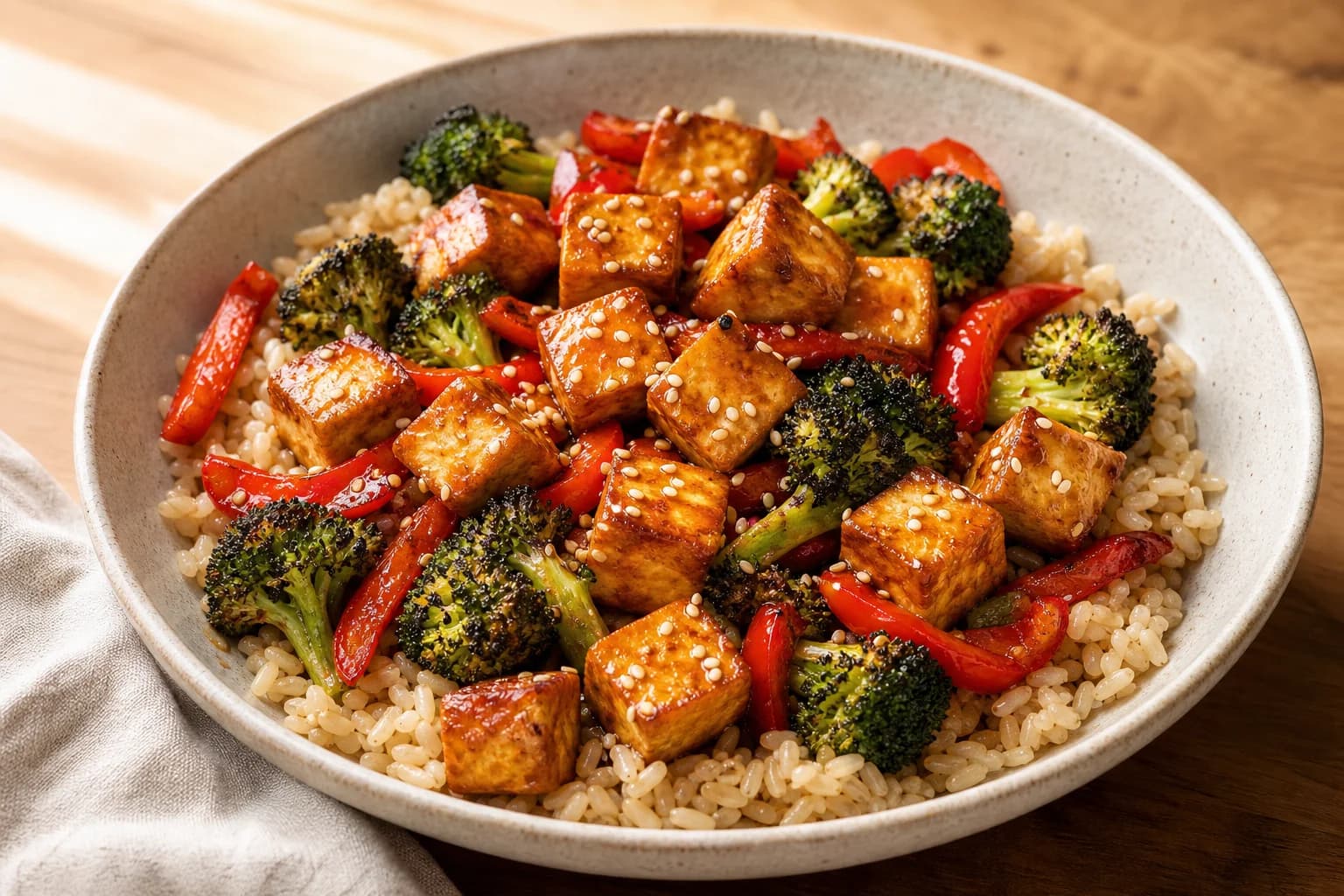 Bowl of brown rice topped with crisp orange-glazed tofu cubes, roasted broccoli florets and sliced red bell pepper, finished with toasted sesame seeds.
