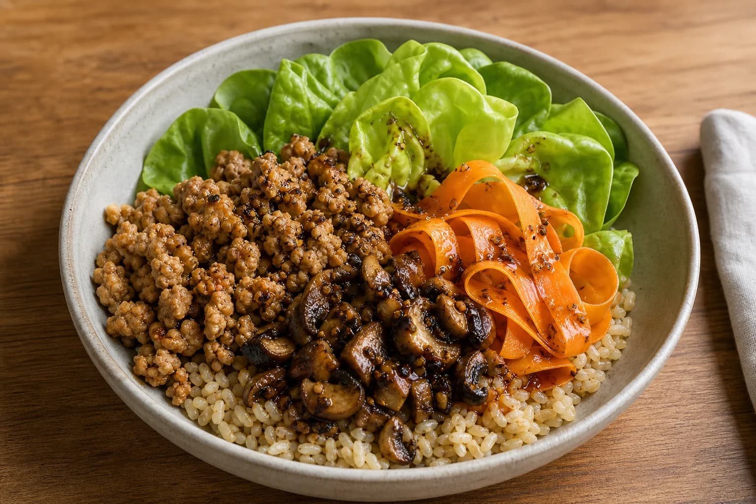 Single bowl of Sichuan-style turkey lettuce bowl: brown rice base topped with cooked ground turkey, browned chopped mushrooms, shaved carrot ribbons and butter lettuce leaves, drizzled with a dark sauce and toasted pepper specks, on a wooden table.