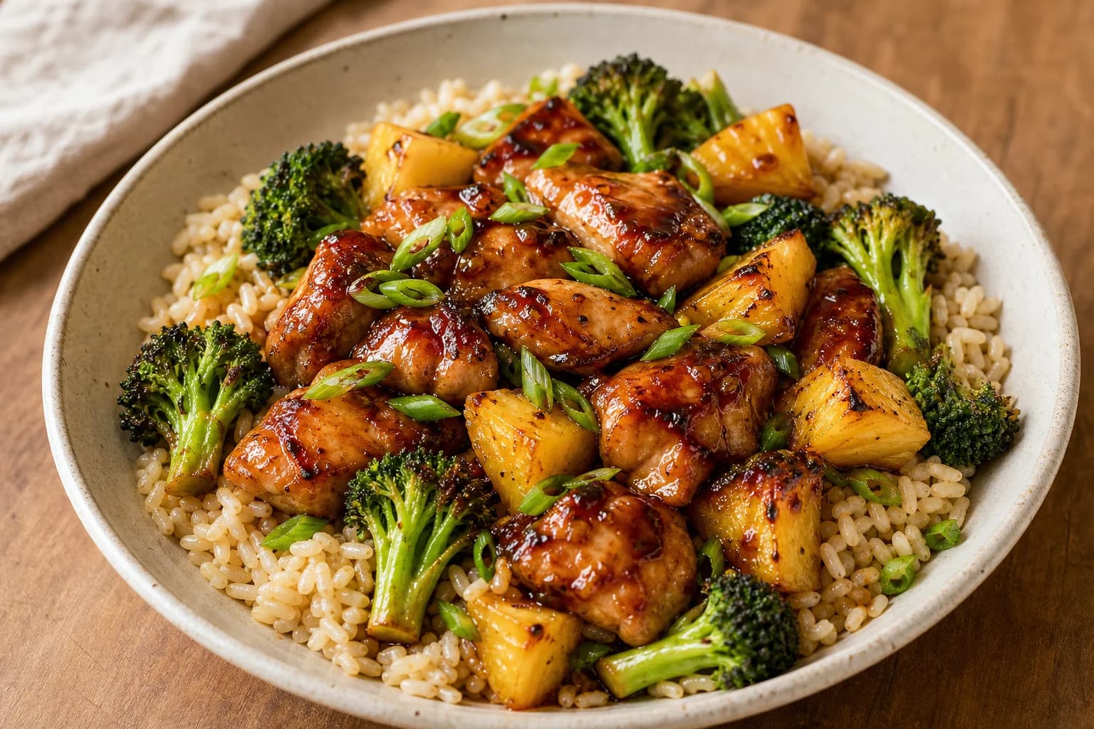 Bowl of brown rice topped with glazed teriyaki chicken pieces, caramelized pineapple chunks, roasted broccoli florets and sliced scallions in natural light.
