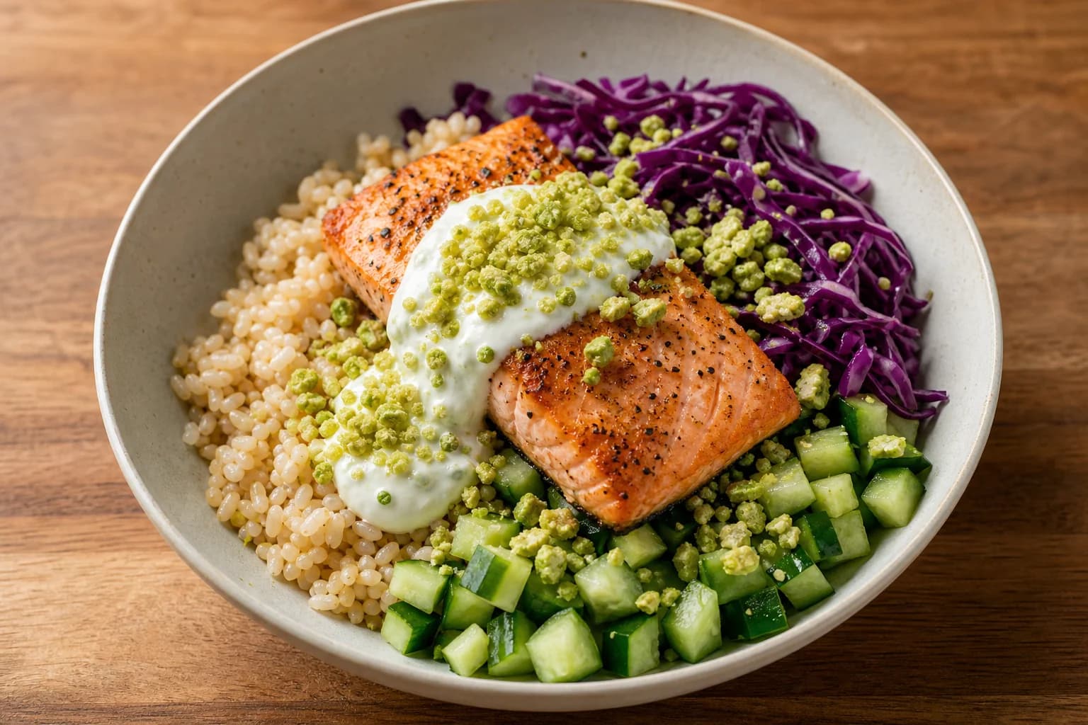 Single bowl of Wasabi pea salmon rice: brown rice, a seared salmon fillet topped with a white yogurt-wasabi sauce and crushed wasabi peas, diced cucumber and shredded red cabbage, on a wooden surface.