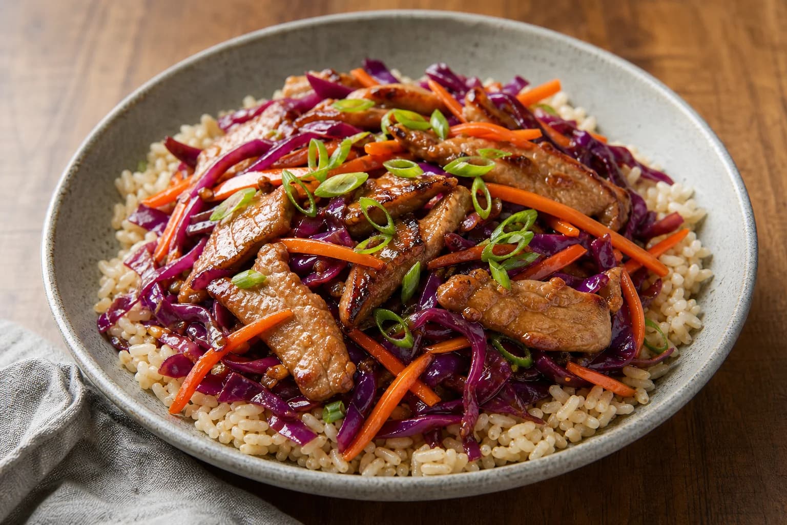 Bowl of brown rice topped with shredded red cabbage, carrot matchsticks and glossy sliced pork, finished with thinly sliced scallions.