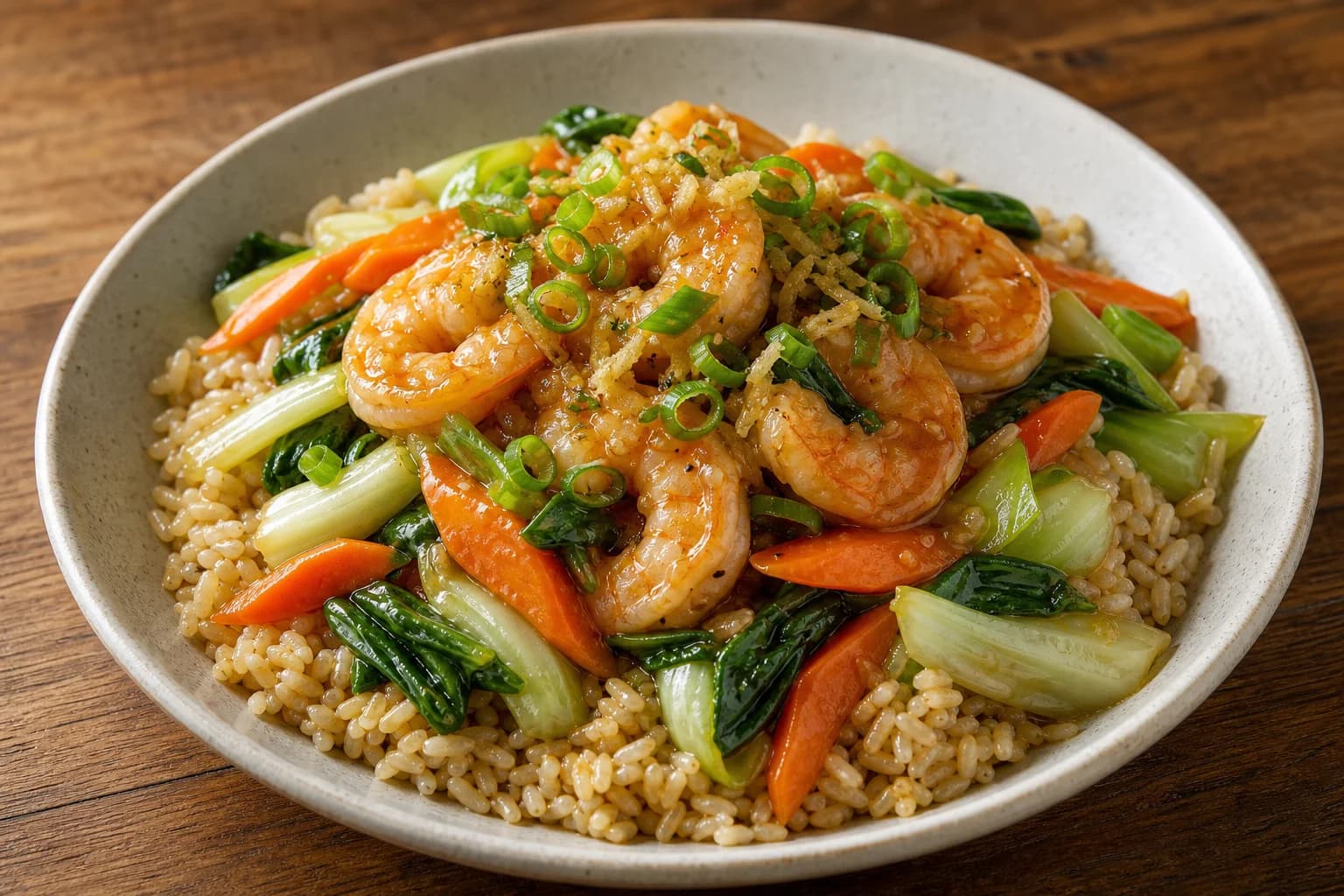 Bowl of ginger-scallion shrimp and brown rice: glossy sautéed shrimp on a bed of brown rice with baby bok choy, diagonal carrot slices, thinly sliced scallions and grated ginger, served in a shallow bowl on a wooden surface.