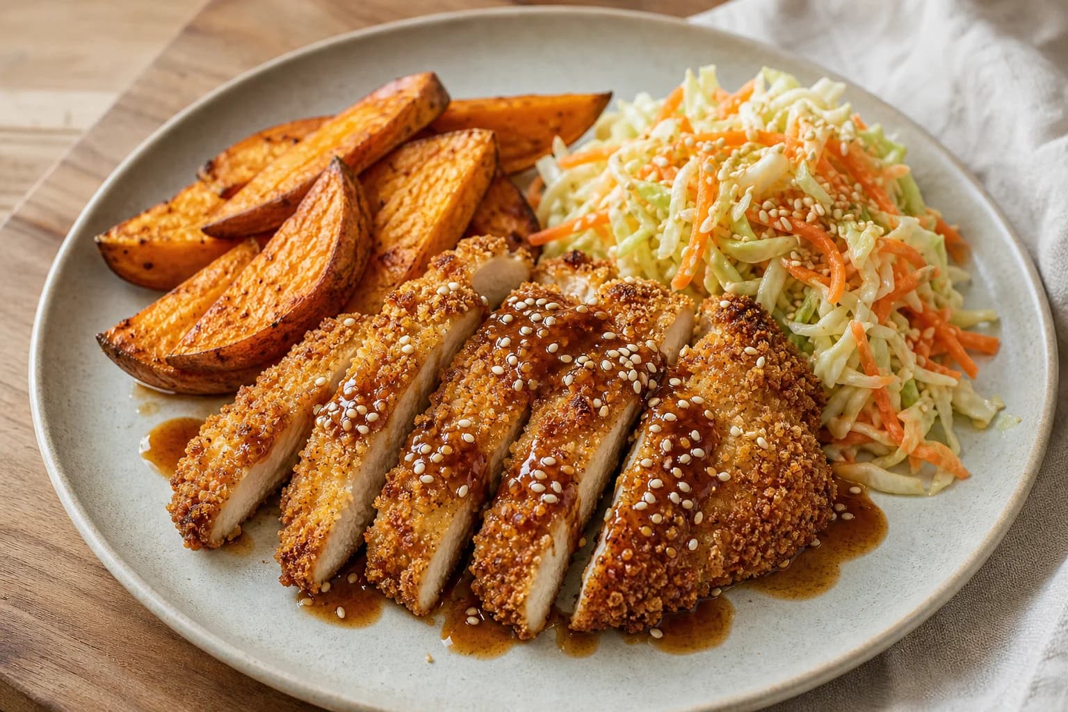 Sliced breaded katsu-style chicken breast drizzled with brown sauce and sprinkled with toasted sesame seeds, served with roasted sweet potato wedges and a sesame slaw of shredded cabbage and grated carrots on a light ceramic plate over a wooden surface.