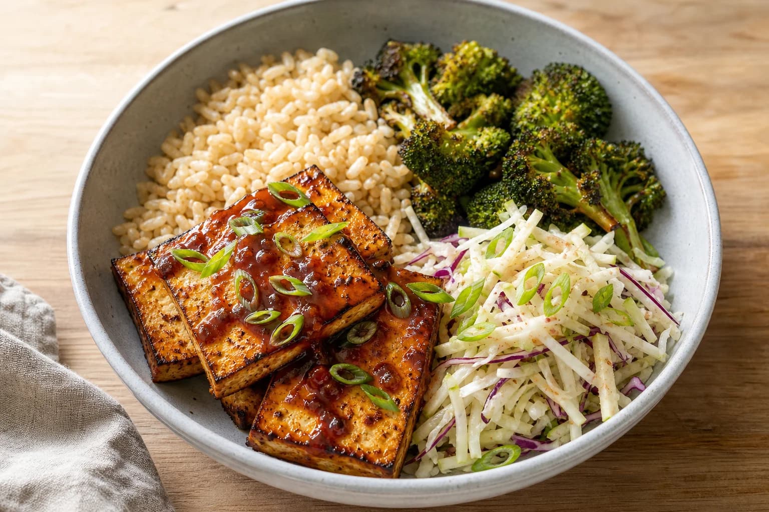 Bowl with three caramelized tofu slices glazed in a sticky Korean-style sauce, fluffy brown rice, roasted broccoli florets, and a shredded cabbage and grated-pear slaw finished with sliced scallions.