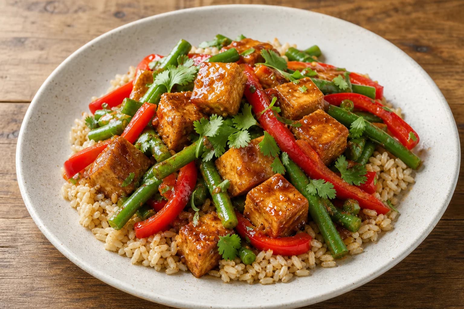 Speckled white bowl of Vietnamese-style caramel tofu: glossy cubed tofu, green beans and sliced red bell pepper piled over brown rice, finished with cilantro, on a wooden table.