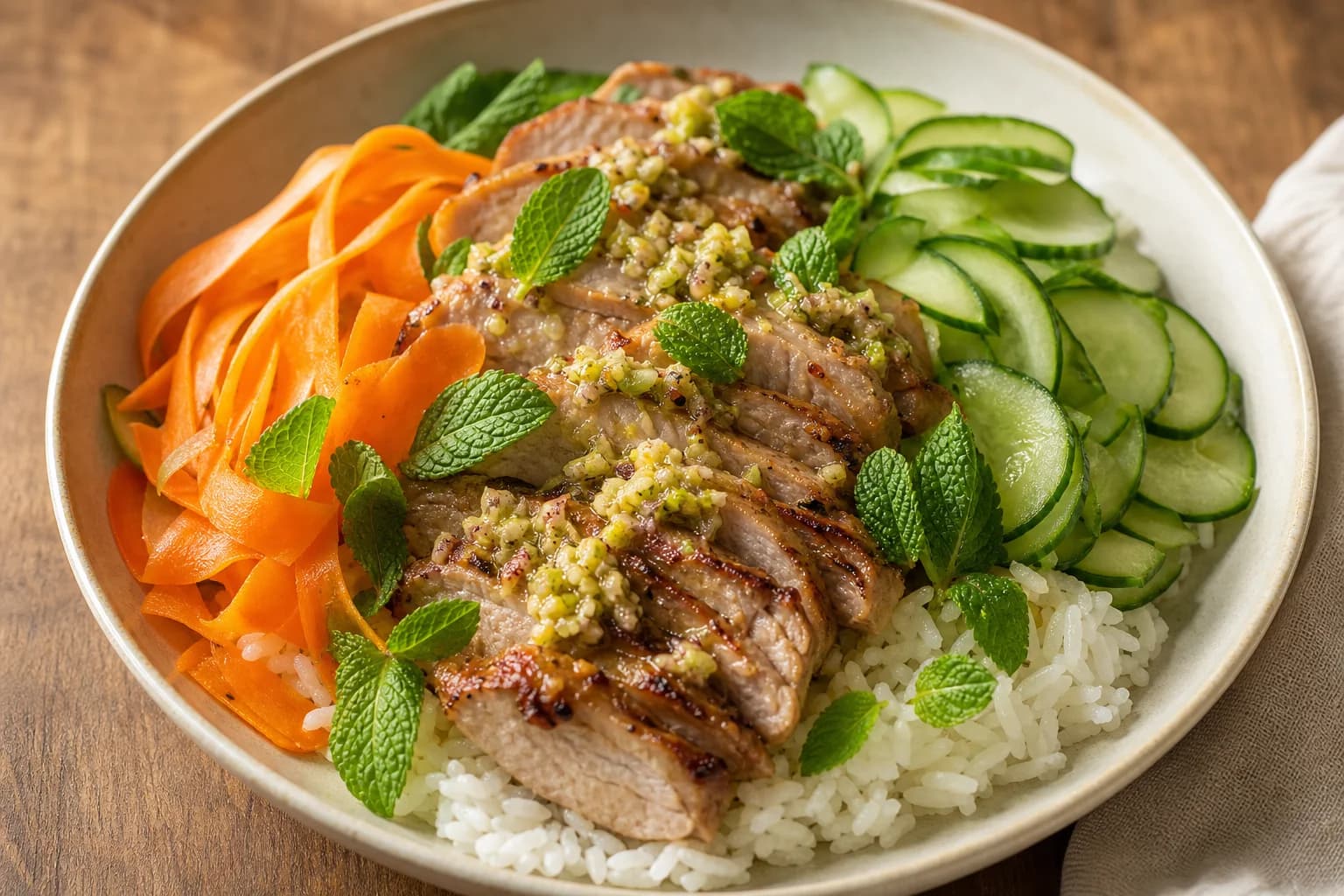 Bowl of lemongrass pork with coconut rice: sliced grilled pork arranged over jasmine rice, carrot ribbons and thin cucumber slices on the sides, minced herb-garlic topping on the pork and fresh mint leaves scattered on top.