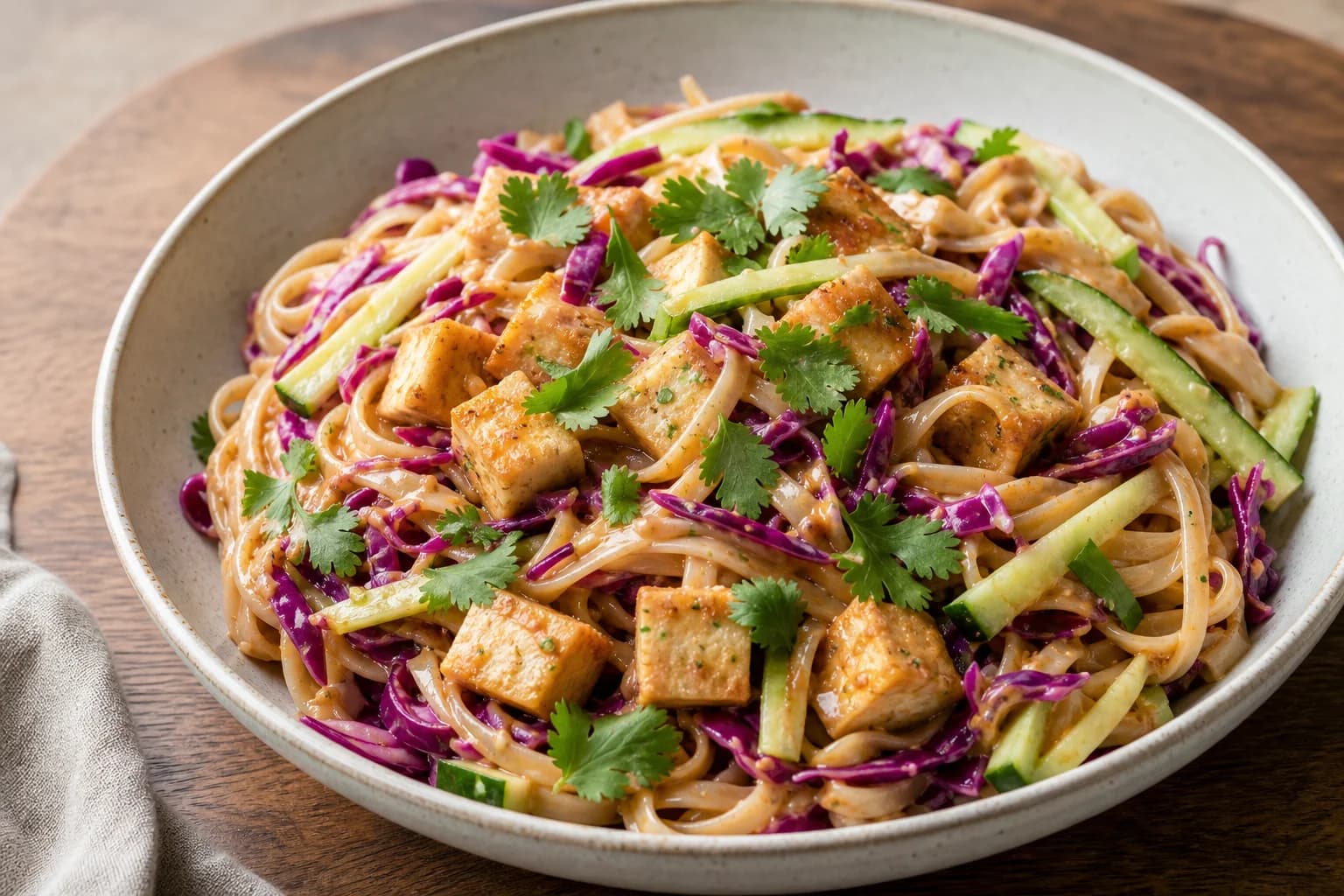 Bowl of Thai peanut tofu noodle salad with browned tofu cubes on top of rice noodles, shredded red cabbage, cucumber matchsticks, glossy peanut sauce, and cilantro leaves.