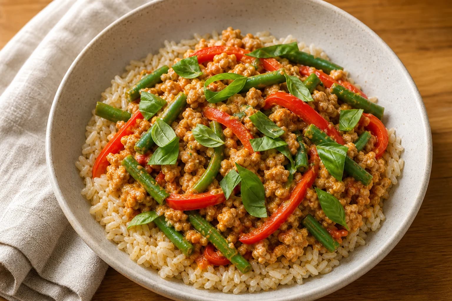 Bowl of brown rice topped with glossy red-curry ground turkey, 2-inch green beans, sliced red bell pepper, and fresh basil leaves.