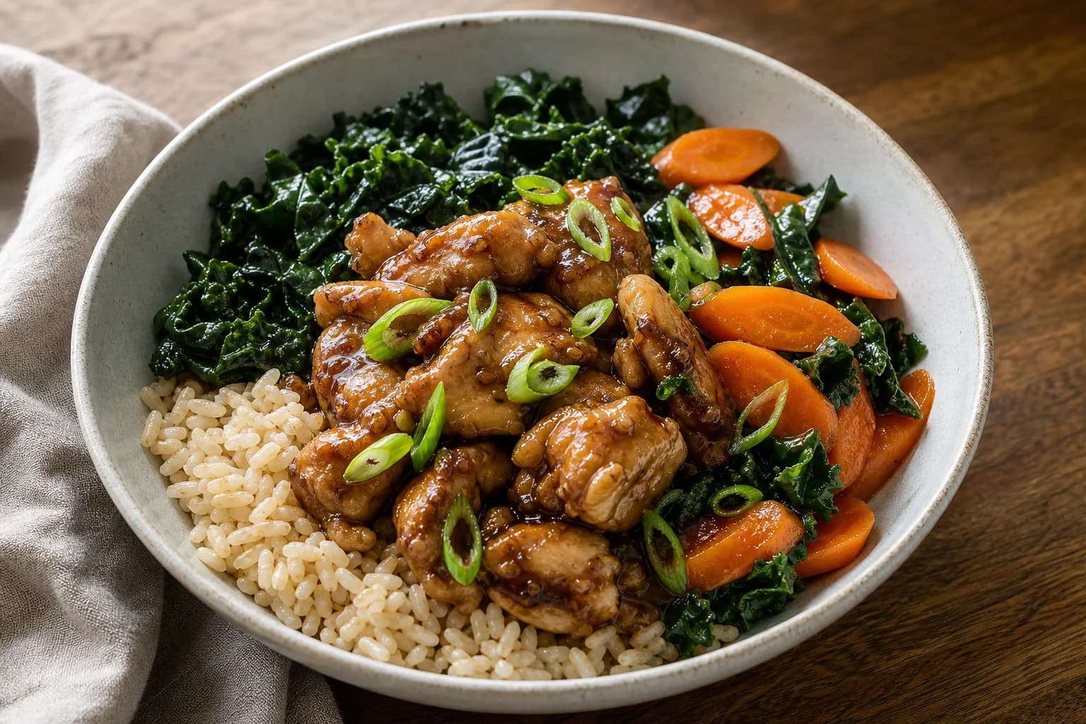 Bowl of Filipino-style adobo chicken over brown rice with sautéed lacinato kale, sliced carrots, and scallions, the chicken glazed and glossy.