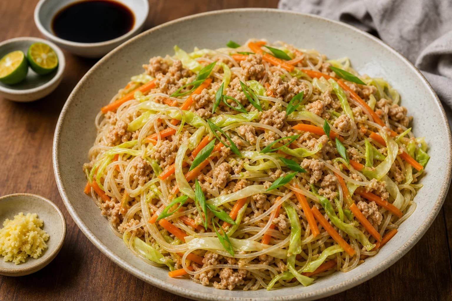 A large shallow bowl of calamansi turkey pancit: glossy rice noodles tossed with crumbled turkey, shredded cabbage, and carrot matchsticks, finished with thinly sliced scallions. Small dishes at the side hold halved calamansi, soy sauce, and grated ginger on a warm wooden surface.