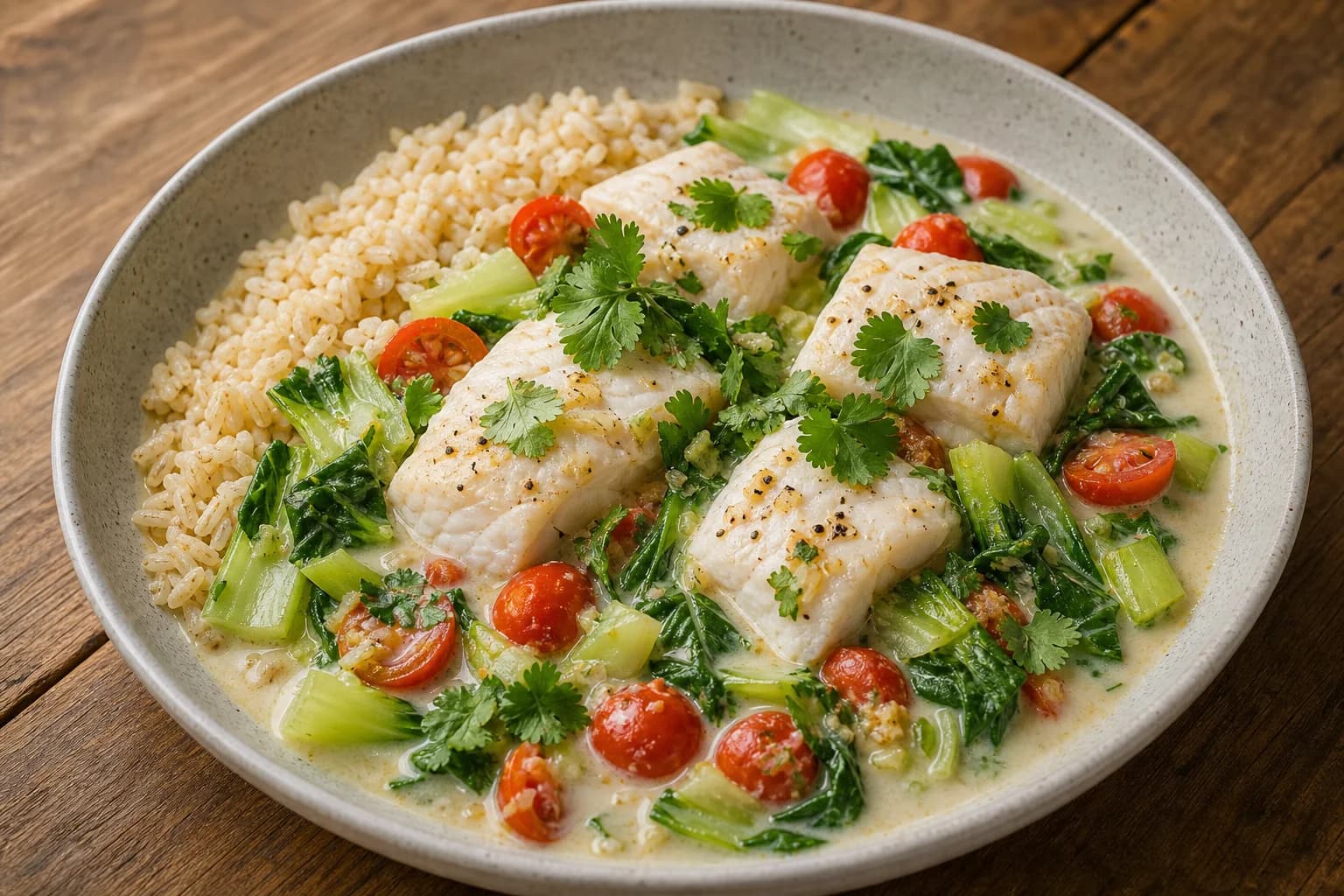 Bowl with four cooked cod fillets in a creamy coconut-ginger broth with chopped baby bok choy and cherry tomatoes, served alongside brown rice and topped with cilantro on a wooden surface.