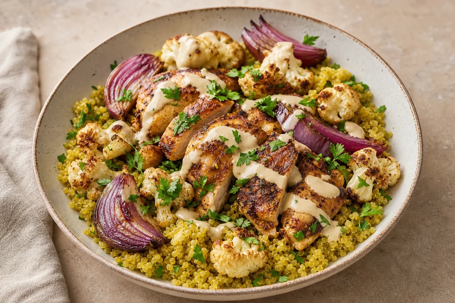 Bowl of turmeric quinoa topped with sliced shawarma-spiced chicken, roasted cauliflower florets and red onion wedges, drizzled tahini sauce and sprinkled parsley on a neutral surface.