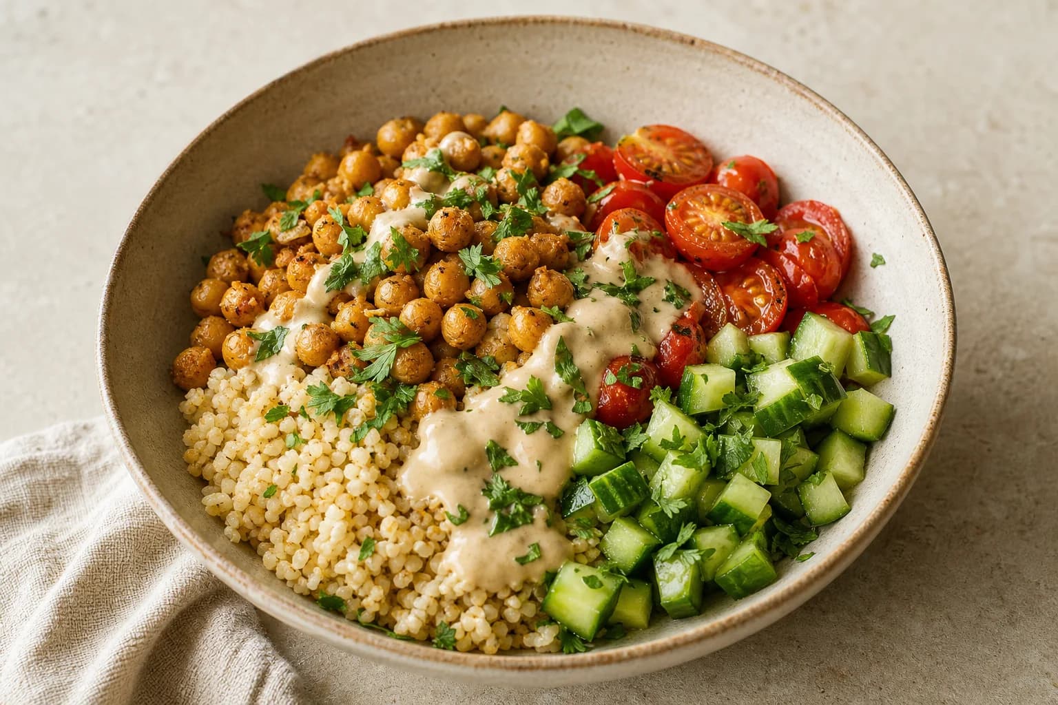 A single bowl of falafel-spiced chickpea bowl: browned spiced chickpeas topped with tahini and chopped parsley, beside a portion of cooked grains, halved cherry tomatoes, and diced cucumber on a neutral surface.