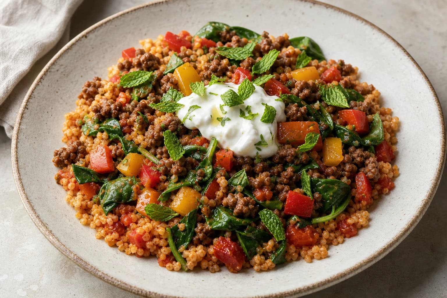 Three-quarter view of a shallow white bowl with a bed of tomato-colored bulgur topped with spiced ground beef, diced red and yellow peppers, wilted spinach, a central dollop of yogurt, and fresh mint leaves scattered on top.