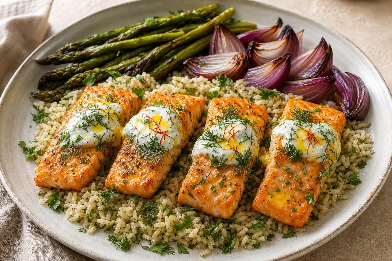 Large plate with four saffron-glazed salmon fillets topped with yogurt and saffron threads, served on a bed of herb-flecked brown basmati rice with roasted asparagus and charred red onion wedges, garnished with dill and parsley.